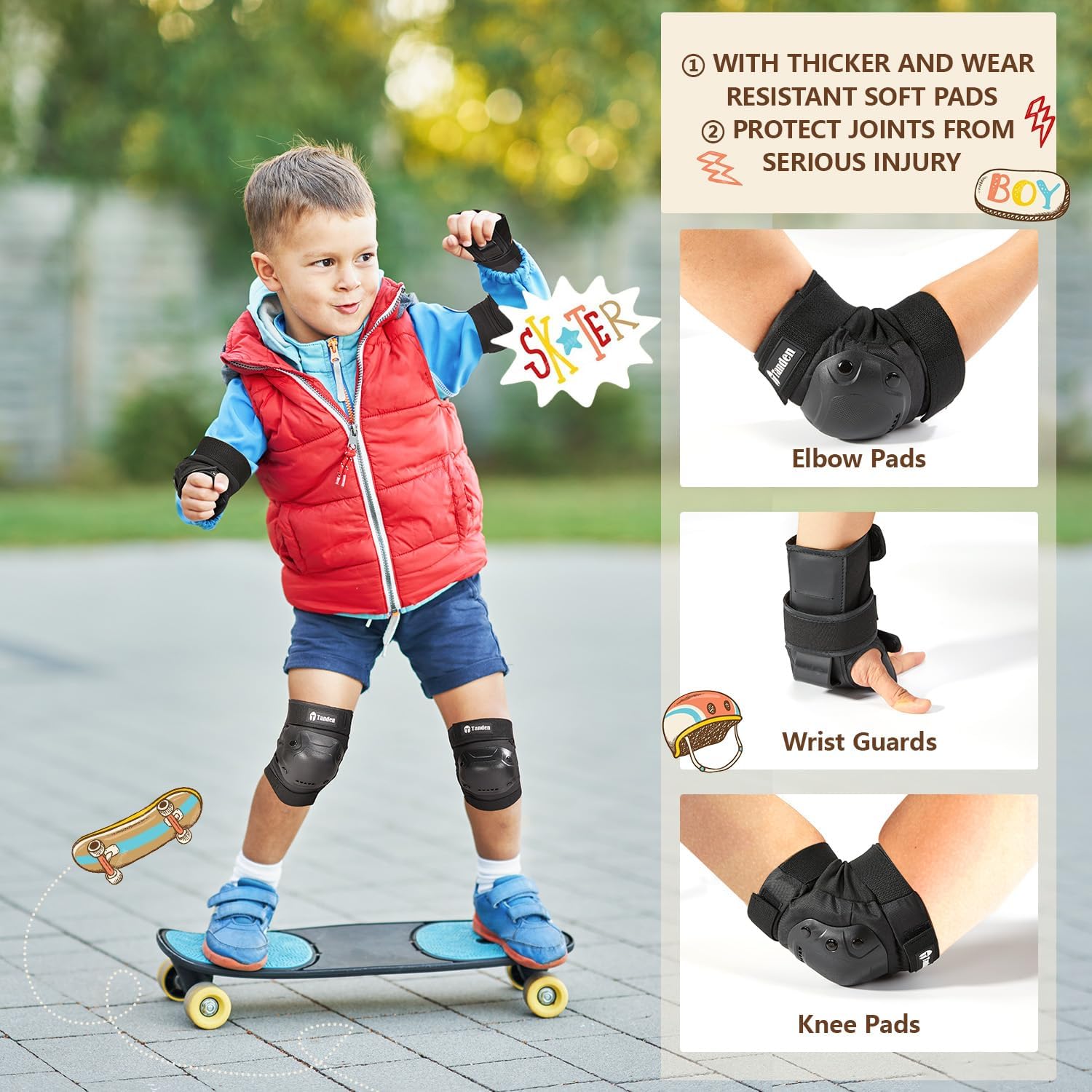 Tanden Skate Protective Gear Adult Knee Pads and Elbow Pads Set Wrist Guard