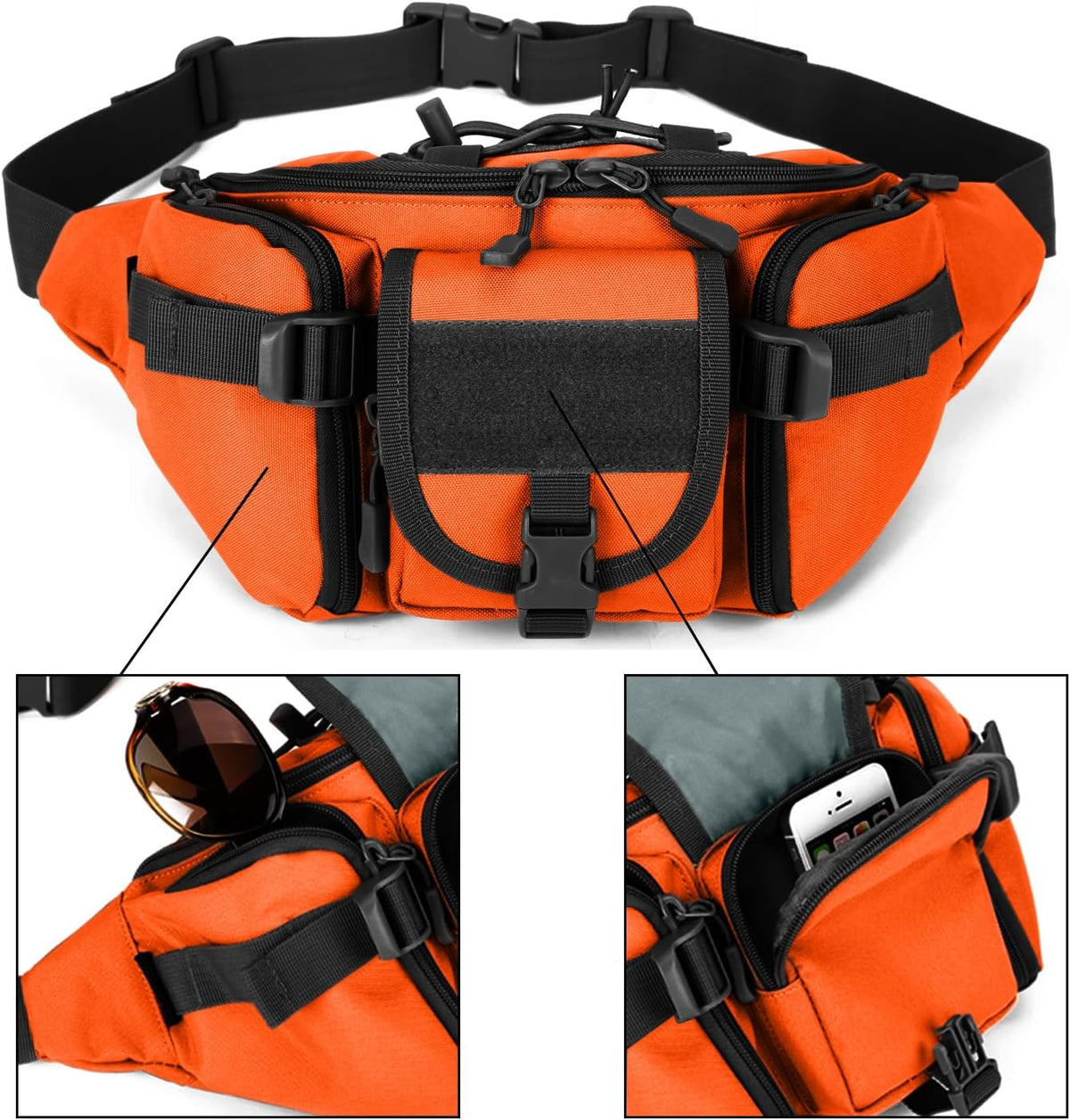 ArcEnCiel Tactical Fanny Pack for Men Women Waist Bag Hip Belt Outdoor Hiking Fishing Bumbag with Patch (Orange)