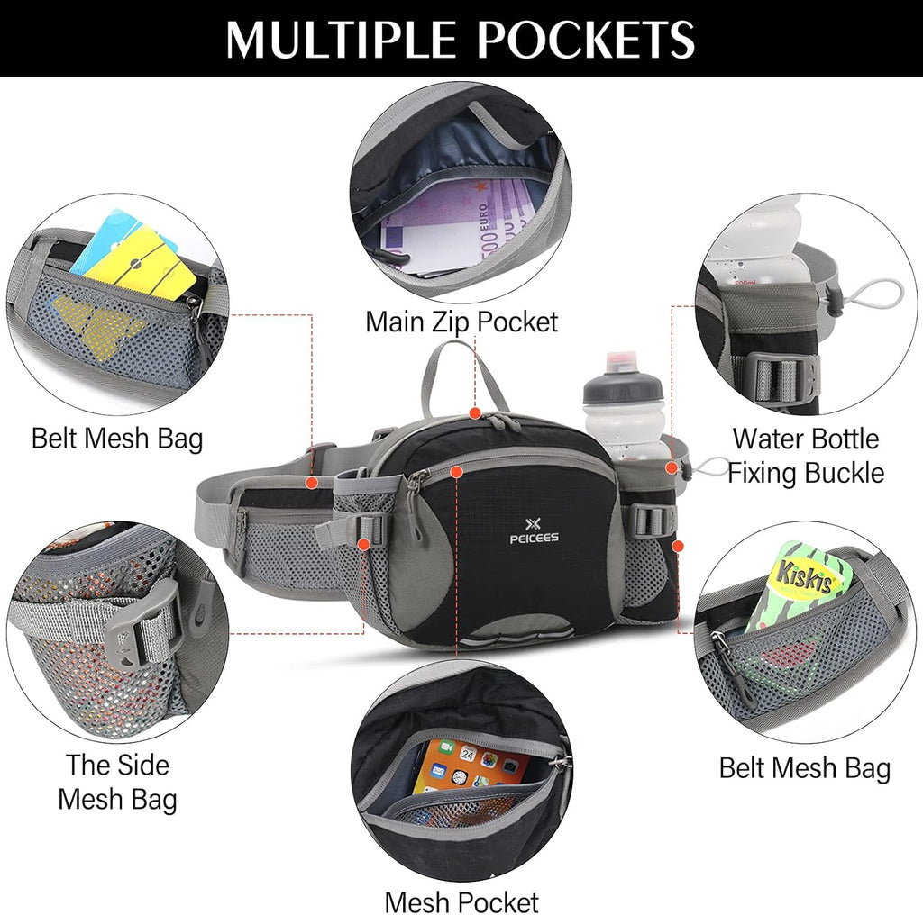 Peicees Hiking Fanny Pack Large Waist Bag for Men Women with Bottle Holder Water Resistant Lumbar Pack for Hiking Camping Fishing Outdoor (Bottle Not Included)