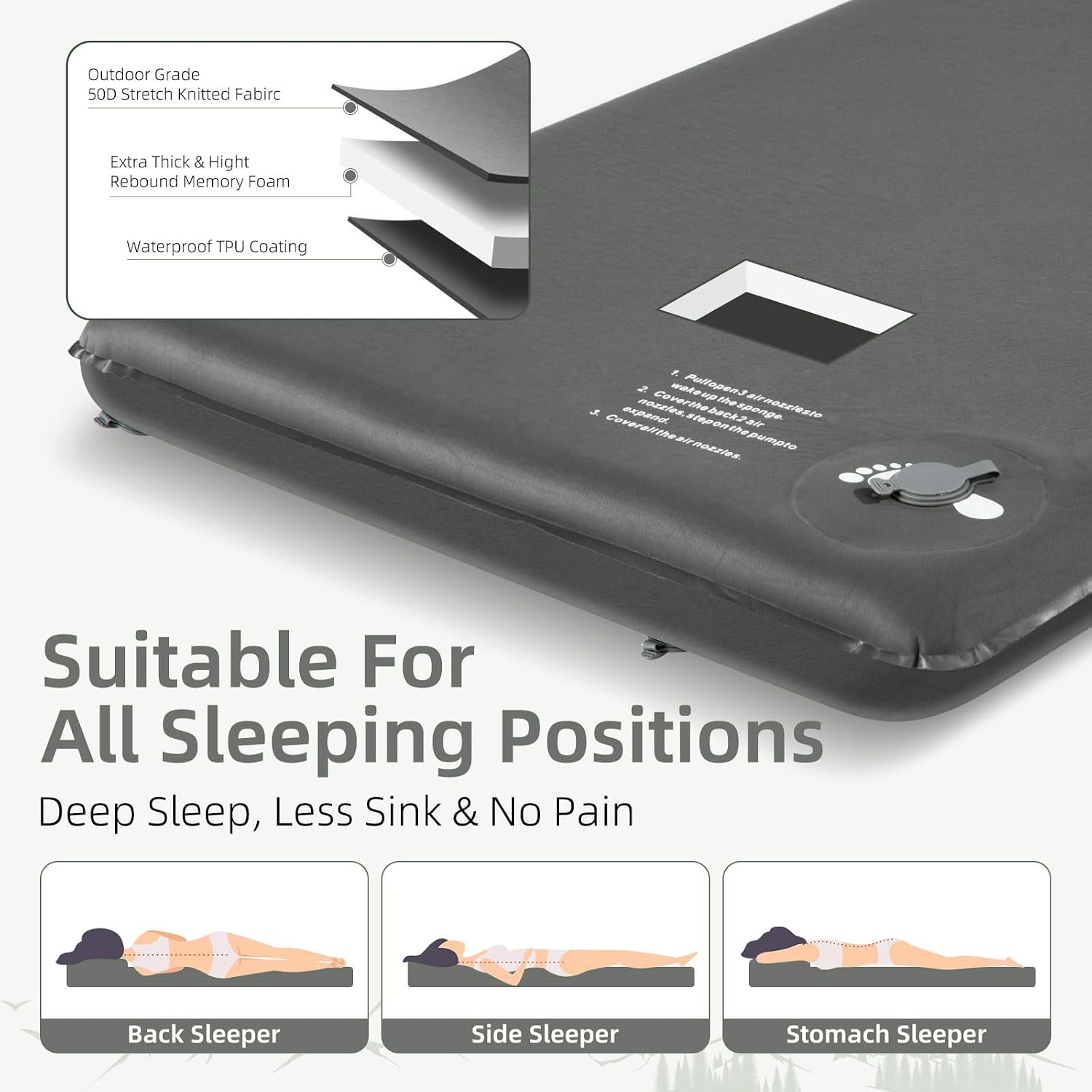 Wevelel Memory Sleeping Pad, 3.1" Ultra-Thick Foam Sleeping Mats for Camping, Easy Inflate&Deflate,9.5 R-Value Insulated Camping Mattress Pad with Pillow, for Car Travel Tent