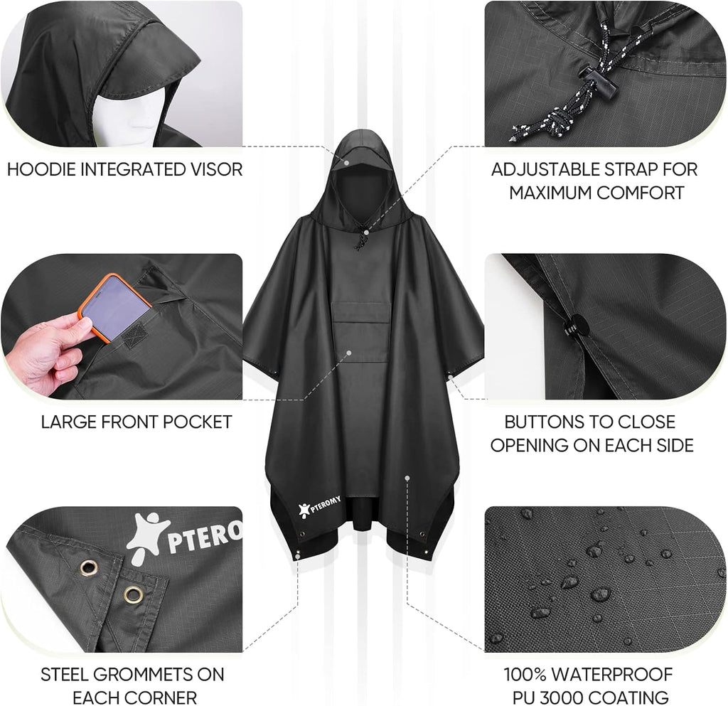 PTEROMY Hooded Rain Poncho for Adults, Reusable Waterproof Raincoat