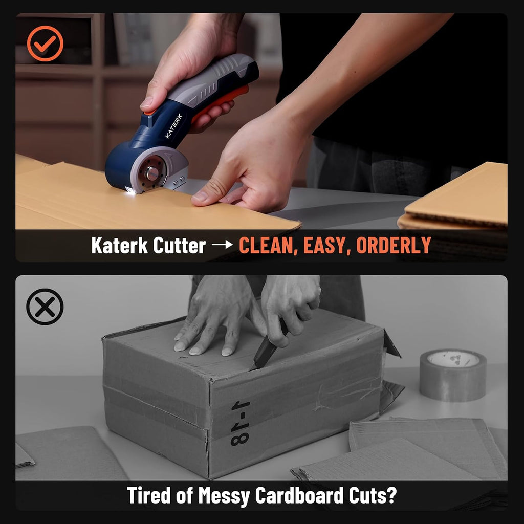 Electric Box Cutter, Katerk Cordless Electric Scissors with Safety Lock & LED Light, Cardboard Cutter, Ambidextrous Use, Rotary Cutter for Fabric, Leather, Plastic, Crafting