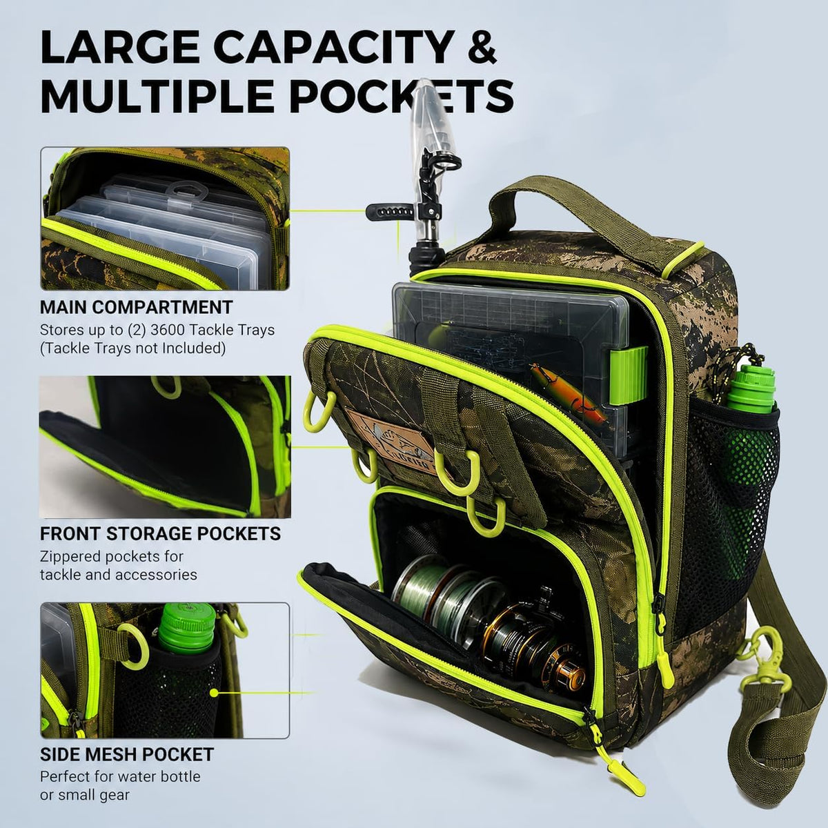 Fishing Sling Tackle Bag, Water-Resistant Lightweight Fishing Backpack with Rod Holder, Adjustable Crossbody Shoulder Bag for Bass Trout Kayak Bank Fishing- Green