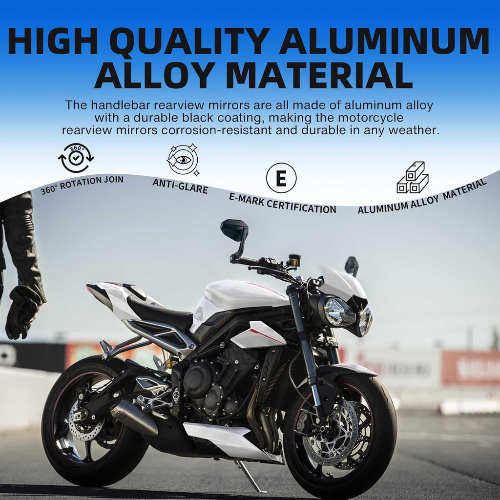 DREAMIZER Motorcycle Bar End Mirrors Black CNC Bar End Mirrors for Motorcycles Compatible with Honda Kawasaki Suzuki Scooter and More (White Glass Lens)