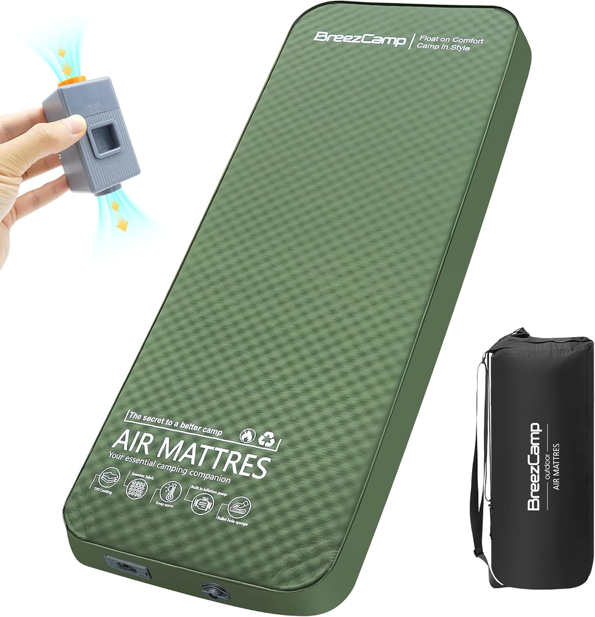 Self Inflating Sleeping Pad With Electric Pump, 4" Thick Memory Foam Sleeping Pad For Camping, 9.5 R-Value Insulated Sleeping Mat, All Season Camping Air Mattress For Tent Travel Car (Green)