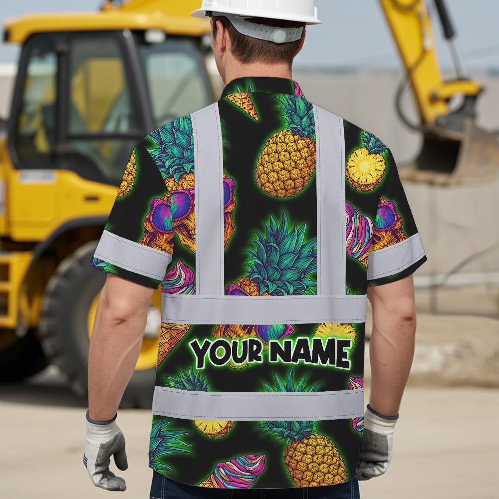 High Visibility Hawaiian Shirt for Men Tropical Shirts Custom Name Floral Outfit Reflective Safety Workwear