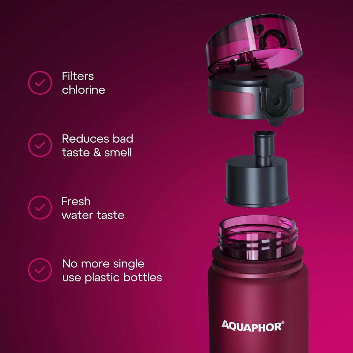 AQUAPHOR City Water Filter Bottle 17 oz | Reusable & Portable Filtered Water Bottle | BPA-Free | Perfect for Camping, Travel, Indoor & Outdoor Use | Ruby Red