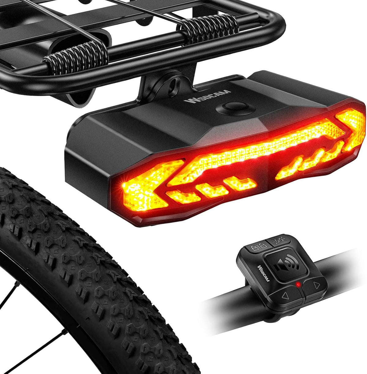 WSDCAM Smart Bike Tail Light for Cargo Rack with Turn Signals and Brake Light, Auto On/Off USB Rechargeable Wireless Remote Bike Horn Alarm Rear Bike Light Reflector Bicycle Tail Light with Rack Mount