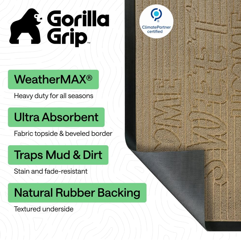 GORILLA GRIP WeatherMAX Door Mat, Indoor Outdoor, 29x17, Home Sweet Home