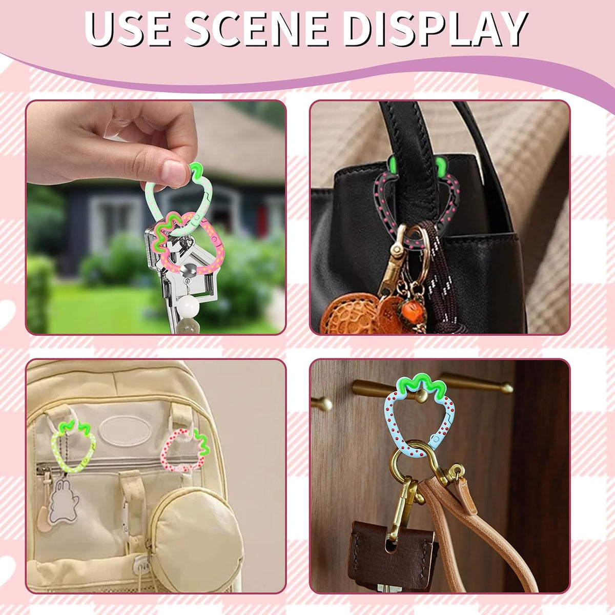12 Pcs Cute Carabiner Keychain Clips,Strawberry Shape Keychain Rings, Metal Ring Spring,Flat Spring Ring for Purse Strap, Handbag, Key Chain Hooks Accessories