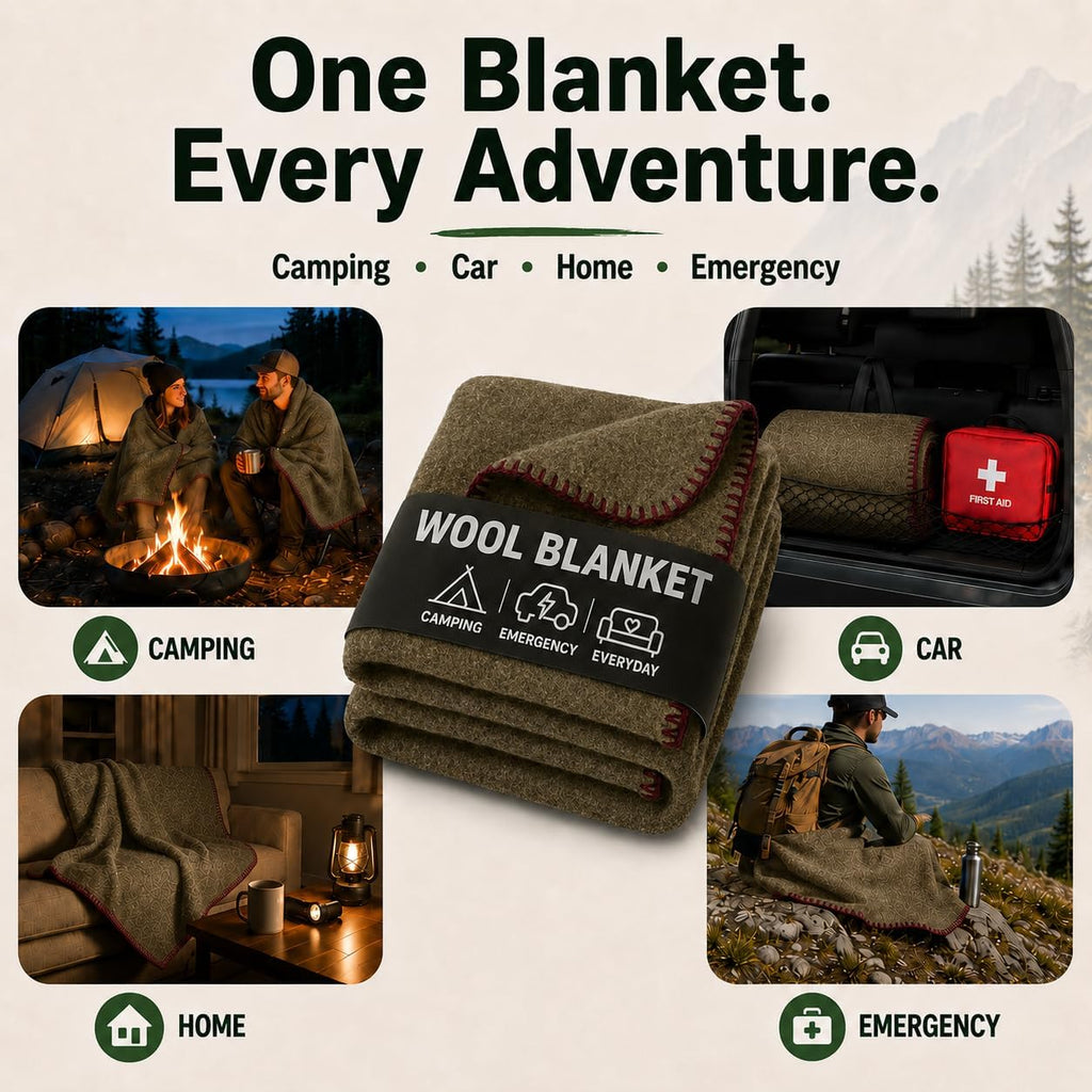 JMR Wool Camping Blanket, Fire Retardant Military Throw, Olive (62x84)