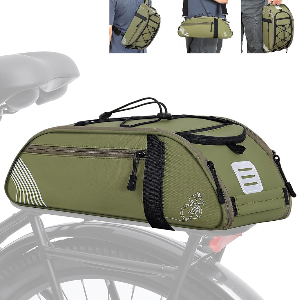 YEEGO DIRECT Bike Rack Bag, 14L Expandable Capacity Bike Bags for Bicycles Rear Rack,Water-resistant Bike Trunk Panniers Reflective Design, Crossbody Shoulder Bag for Commuting Outings(Green)