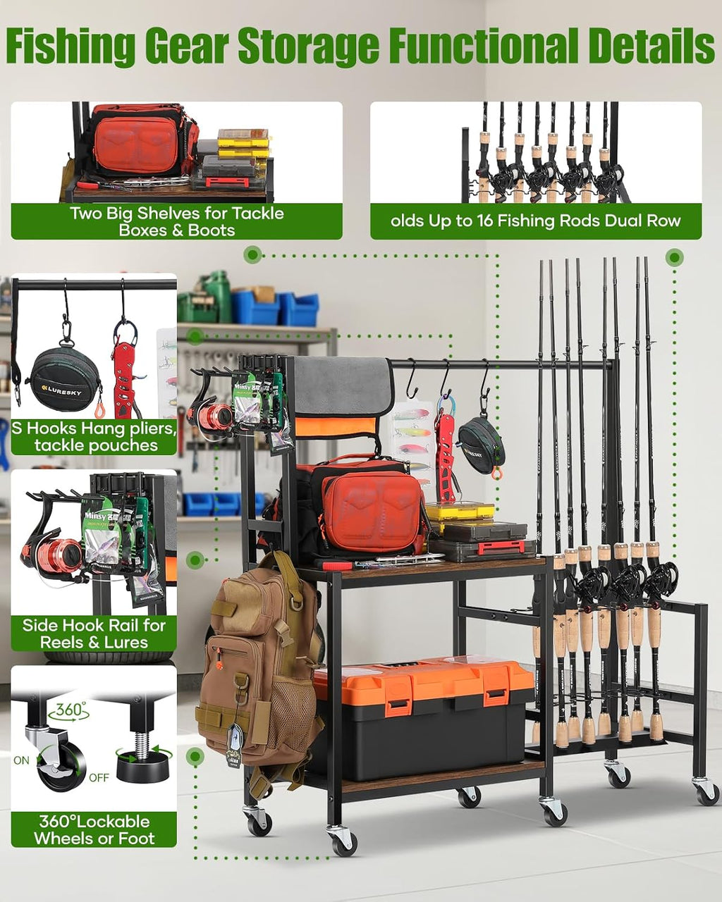 EXTCCT Fishing Rod Holder, Rolling 16 Pole Rack Cart for Garage, Brown