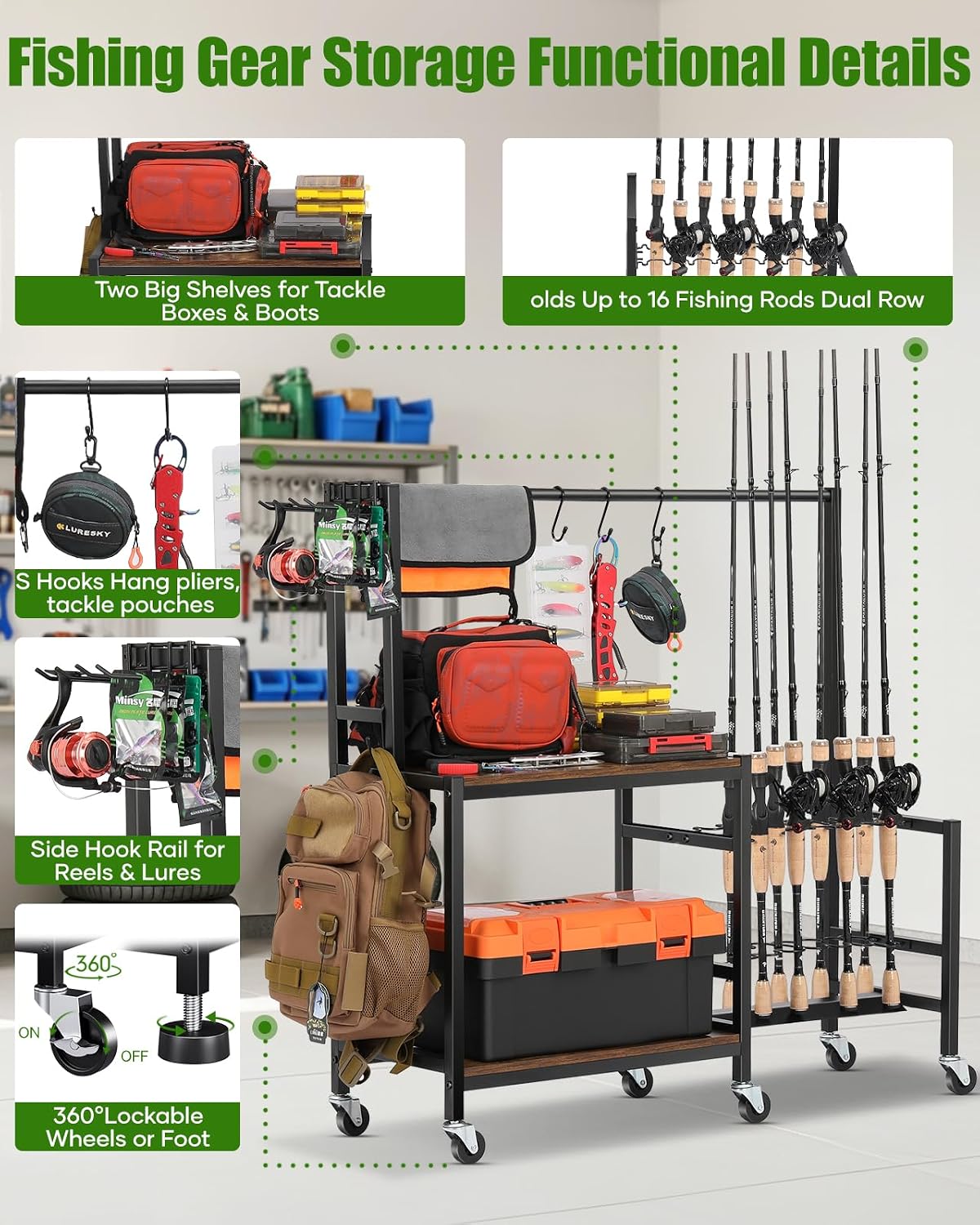EXTCCT Fishing Rod Holder, Rolling 16 Pole Rack Cart for Garage, Brown