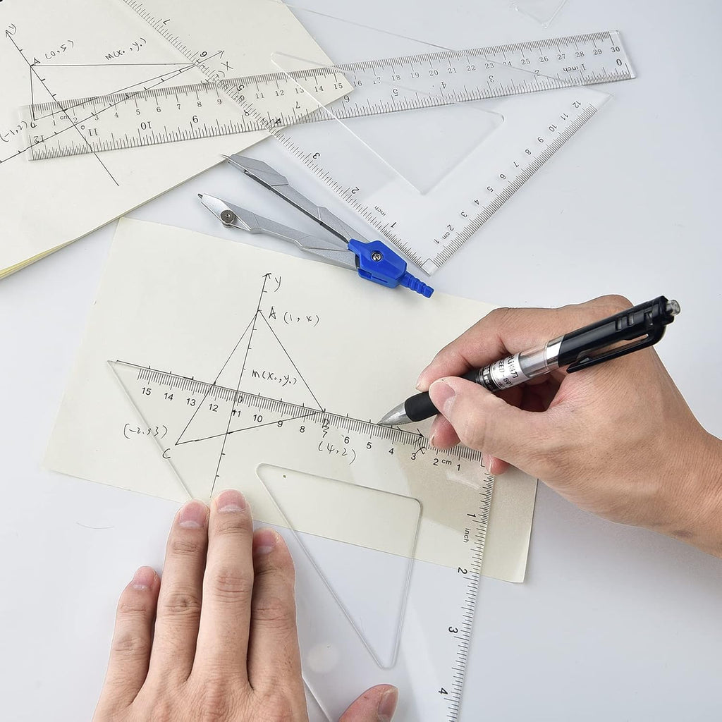 Coopay 12 Inch Math Geometry Tool Plastic Ruler Square Set Includes Straight Ruler, Triangles, Protractor, Compass, Pencil Lead, Pencil Sharpener for Student School Home Office Supplies