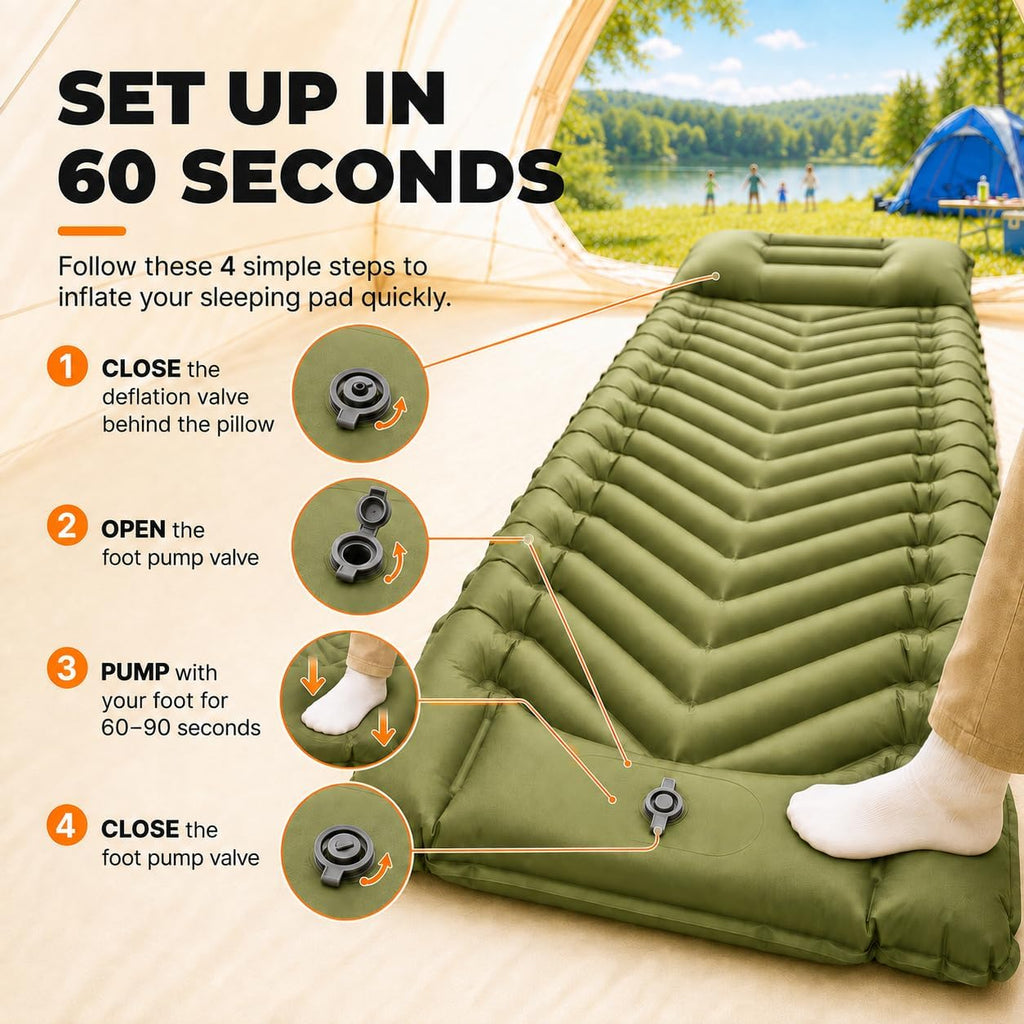 MalloMe Sleeping Pad for Camping, Camping Mattress - Bed for Outdoors Built-in Foot Pump Air Mattress for Backpacking Leak-Resistant Inflatable Travel Mat Compact Ultralight Single & Double
