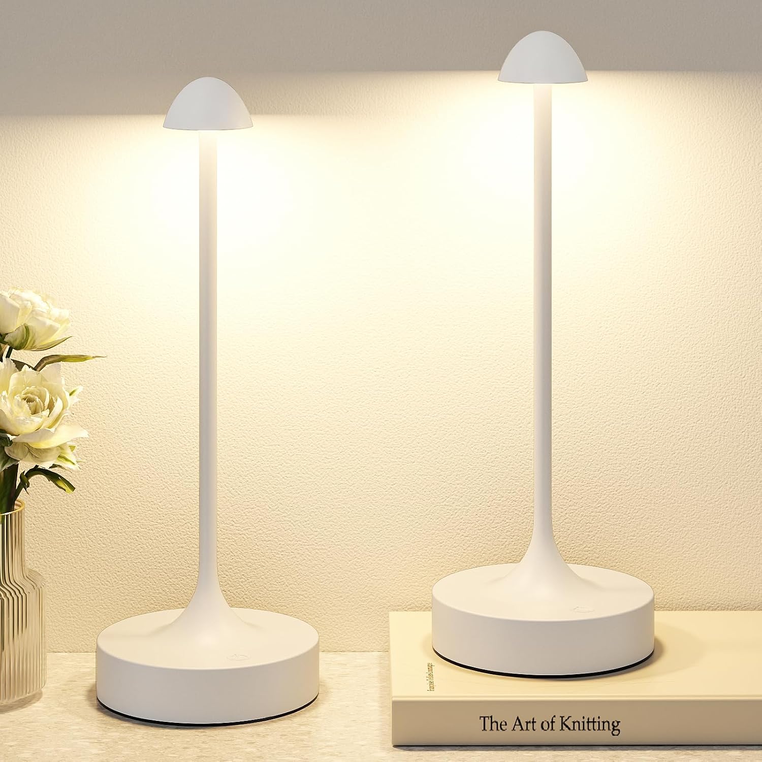 Kakanuo Rechargeable Cordless Table Lamp, Battery Operated Lamps, 3-Color Stepless Dimming, Portable Wireless Desk Lamp, LED Lighting for Dining Room, Restaurant, Office, Bar, Home(White 2 Pack)