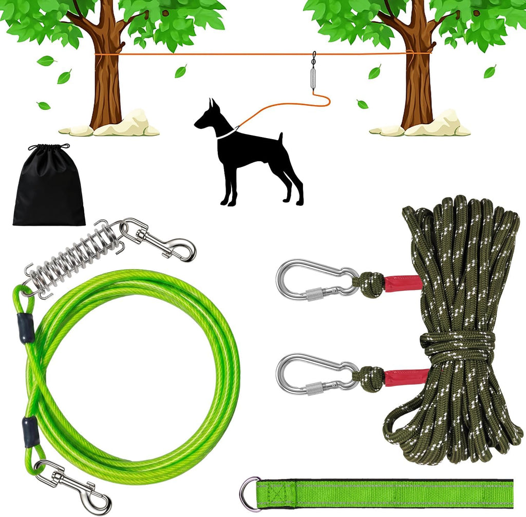 Dog Runner Trolley Cable: 50FT Heavy Duty Zipline for Yard & Camping with 10Ft Tie-Out & Shock Spring - Up to 200LBS