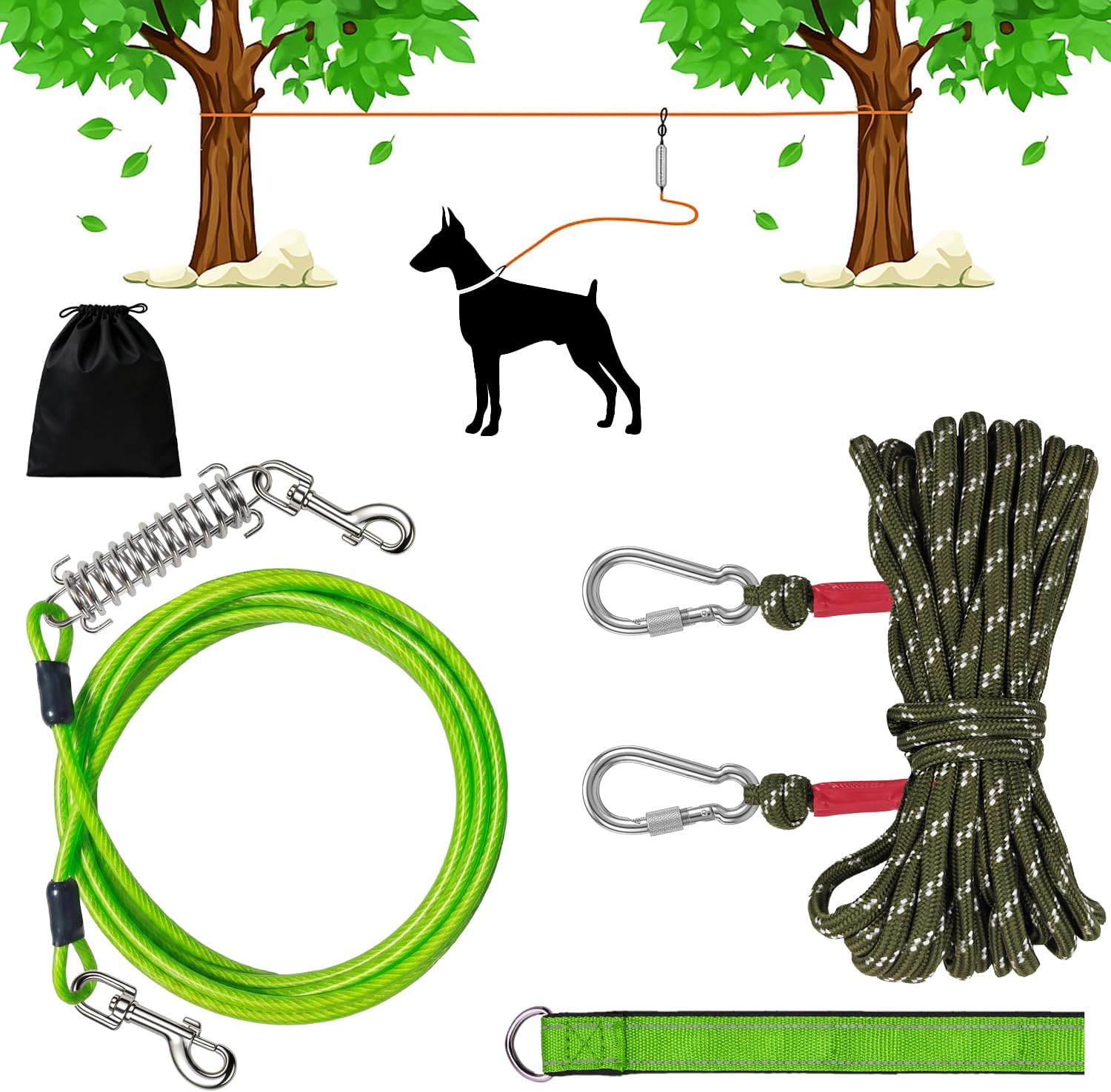 Dog Runner Trolley Cable: 50FT Heavy Duty Zipline for Yard & Camping with 10Ft Tie-Out & Shock Spring - Up to 200LBS