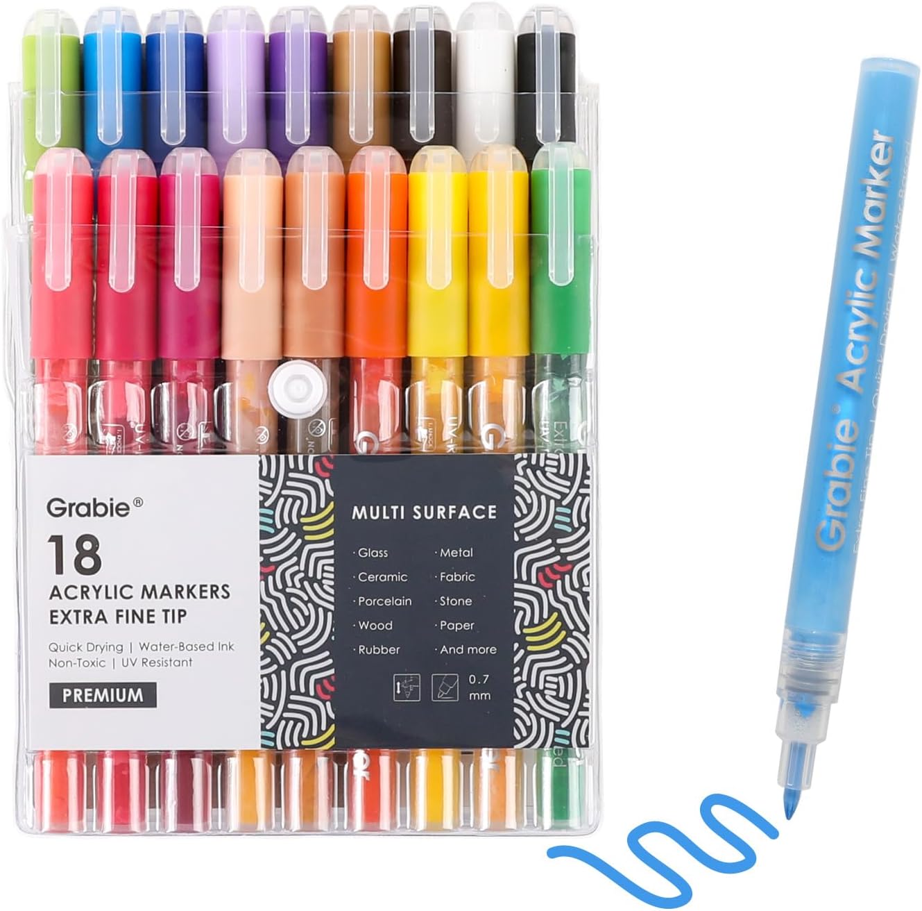 Grabie Pack of 18 Color Acrylic Paint Markers, 0.7mm Extra Fine Tip Pens