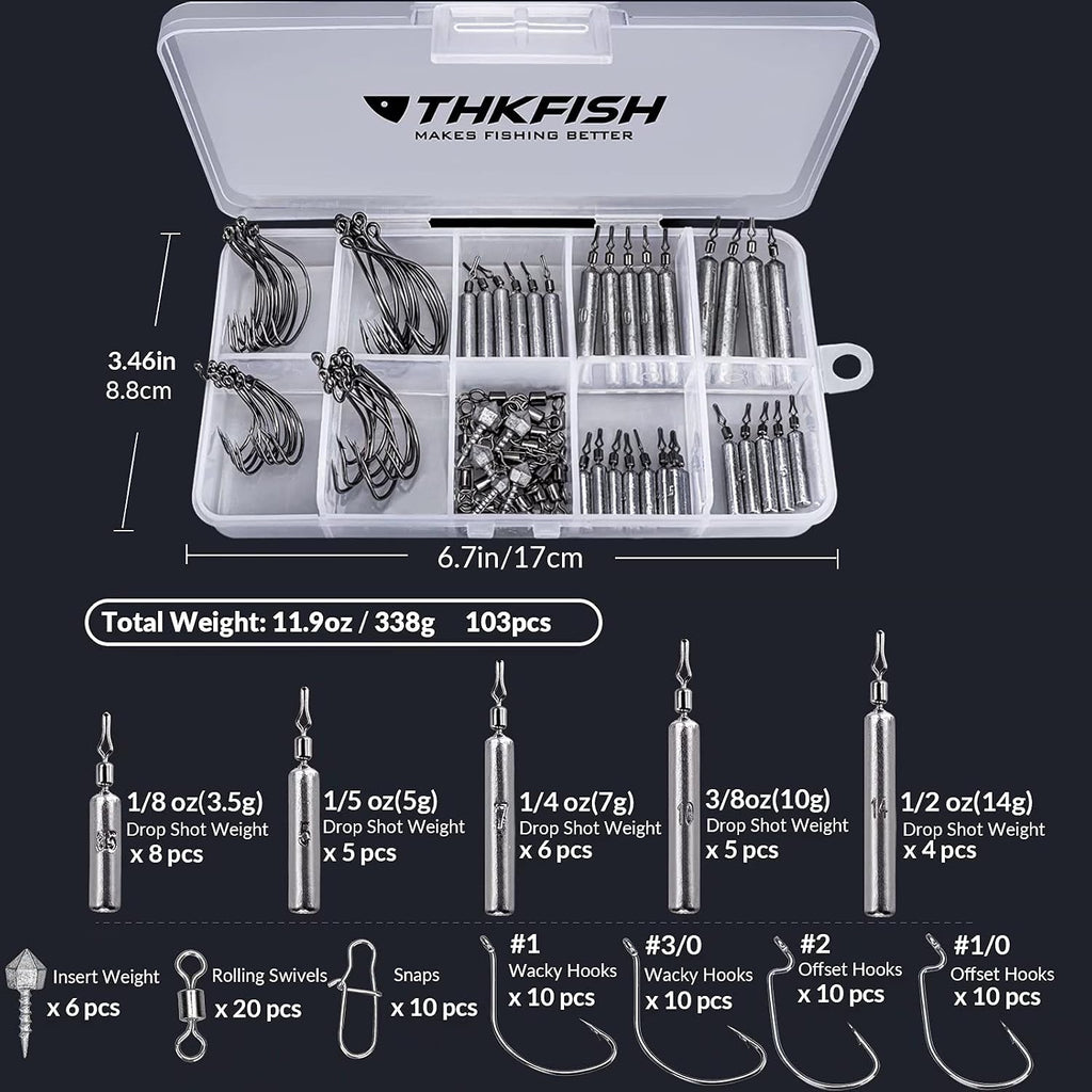THKFISH Fishing Weights Sinkers Set, 28PCS Fishing Sinker Drop Shot Weights Kit,Drop Shot Rig Wacky Hooks for Saltwater Freshwater Bass Fishing