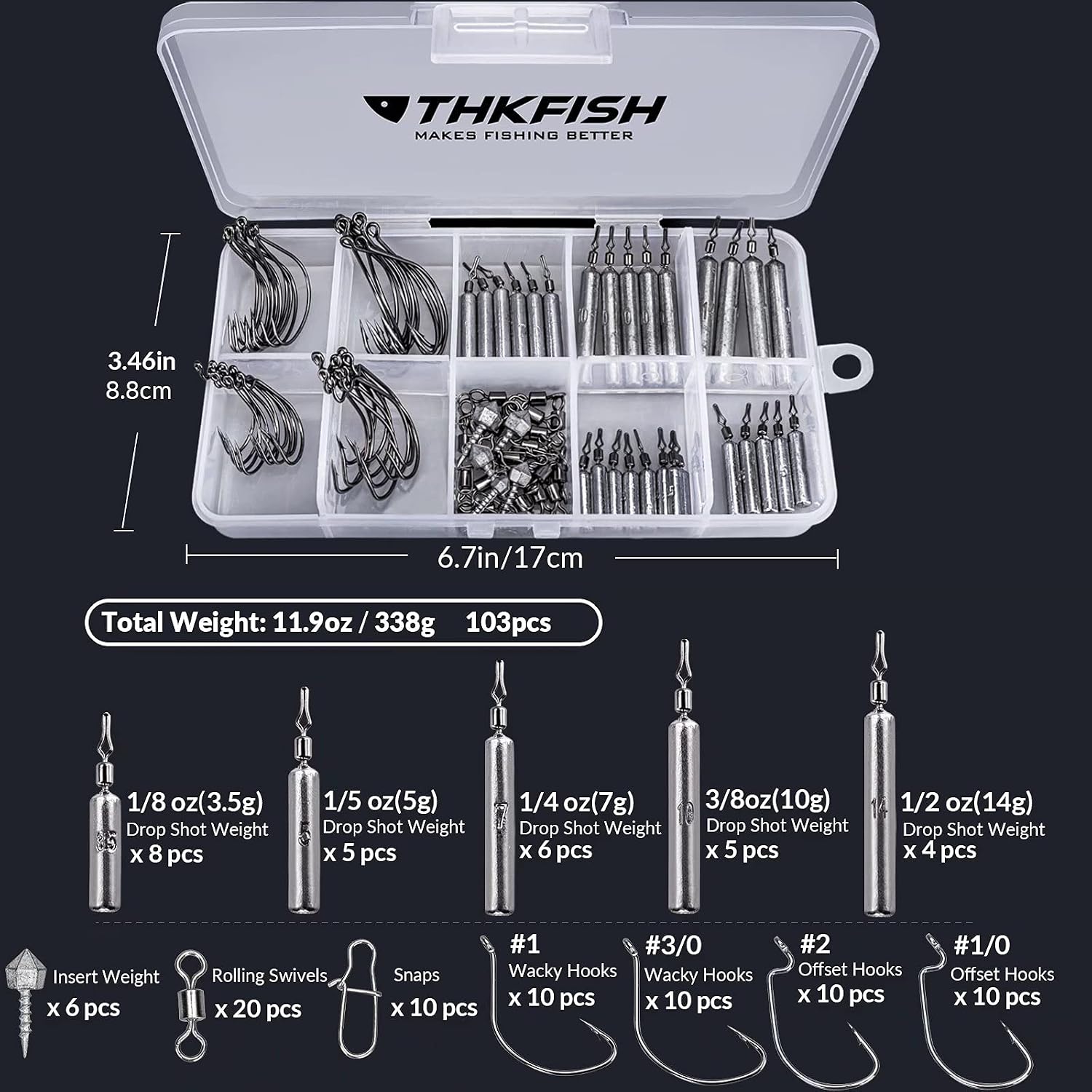 THKFISH Fishing Weights Sinkers Set, 28PCS Fishing Sinker Drop Shot Weights Kit,Drop Shot Rig Wacky Hooks for Saltwater Freshwater Bass Fishing