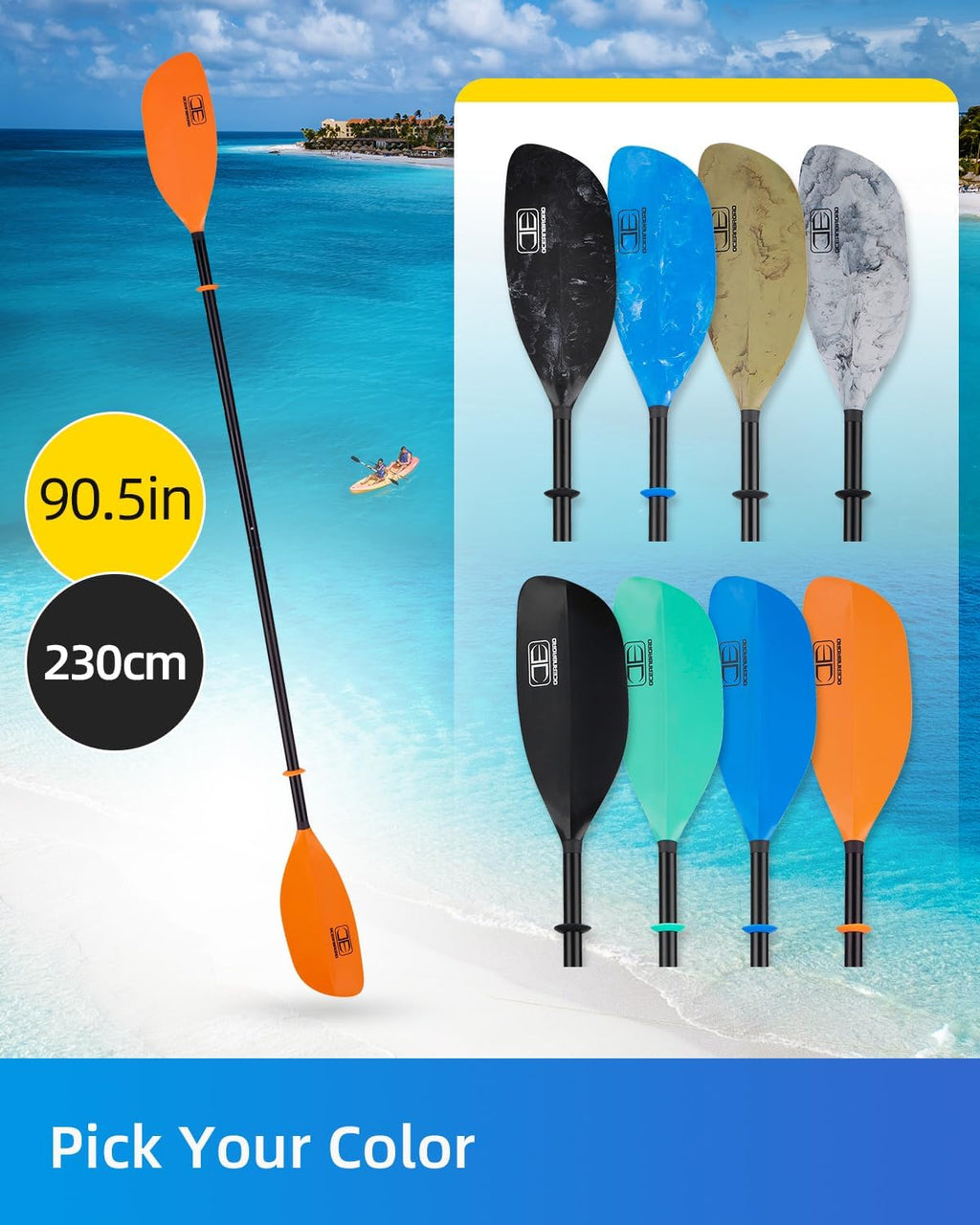 OCEANBROAD Kayak Paddle 86in/218cm, 90.5in/230cm Alloy Shaft 2-Piece Floatable Kayak Oar for Kayaking Canoeing Boating