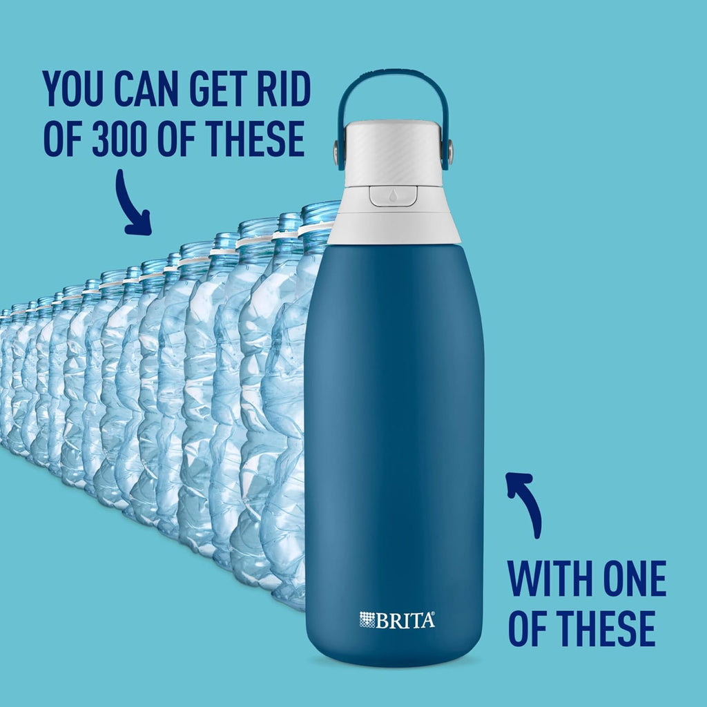 Brita Stainless Steel Premium Filtering Water Bottle, BPA-Free, Reusable, Insulated, Replaces 300 Plastic Water Bottles, Filter Lasts 2 Months or 40 Gallons, Includes 1 Filter, Marina - 32 oz