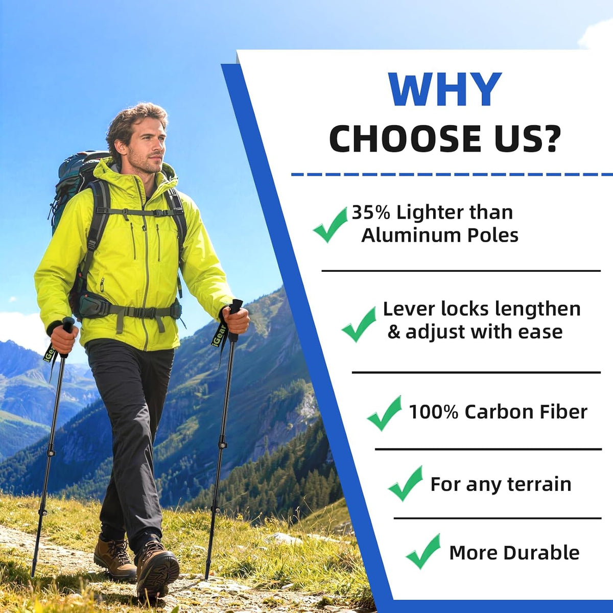 aiGear Carbon Fiber Trekking Poles, Collapsible Hiking Poles, 24-53 in