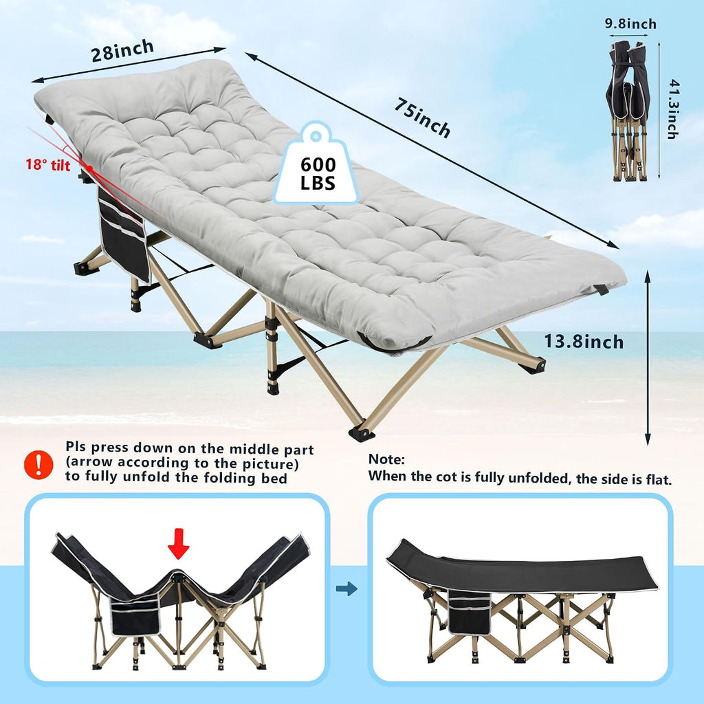 HABUTWAY Camping Cots for Adults, 600lbs Capacity, Folding Camping Cot with Mattress, Sleeping Cots for Adults with Carry Bags for Travel,Beach,Patio,Home Office,Nap Time