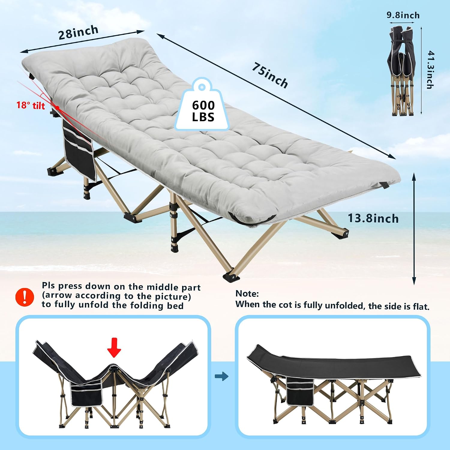 HABUTWAY Camping Cots for Adults, 600lbs Capacity, Folding Camping Cot with Mattress, Sleeping Cots for Adults with Carry Bags for Travel,Beach,Patio,Home Office,Nap Time