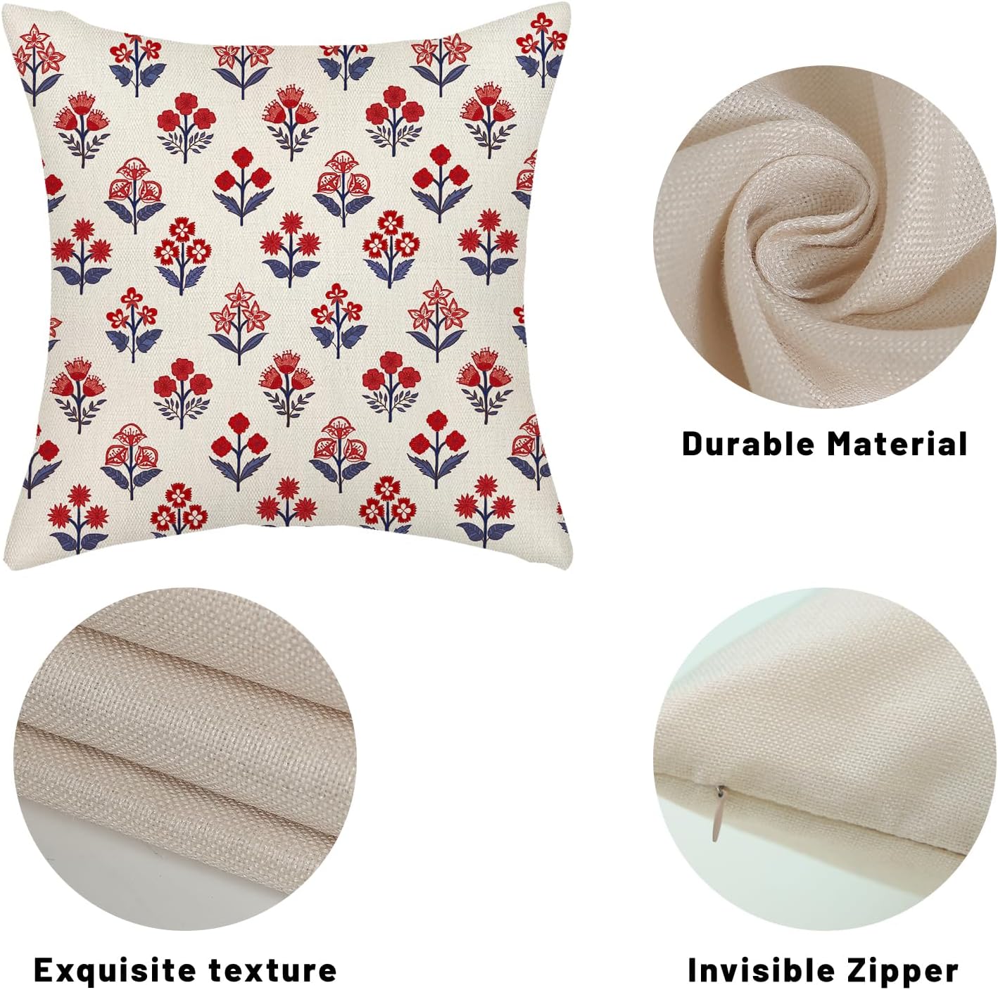 4th of July Pillow Covers 18x18 Inch 2 Pcs Red Blue Block Print Vintage Floral Patriotic Outdoor Decor Throw Pillows Memorial Day Holiday Decoration Pillowcase Linen Cushion Cover for Couch