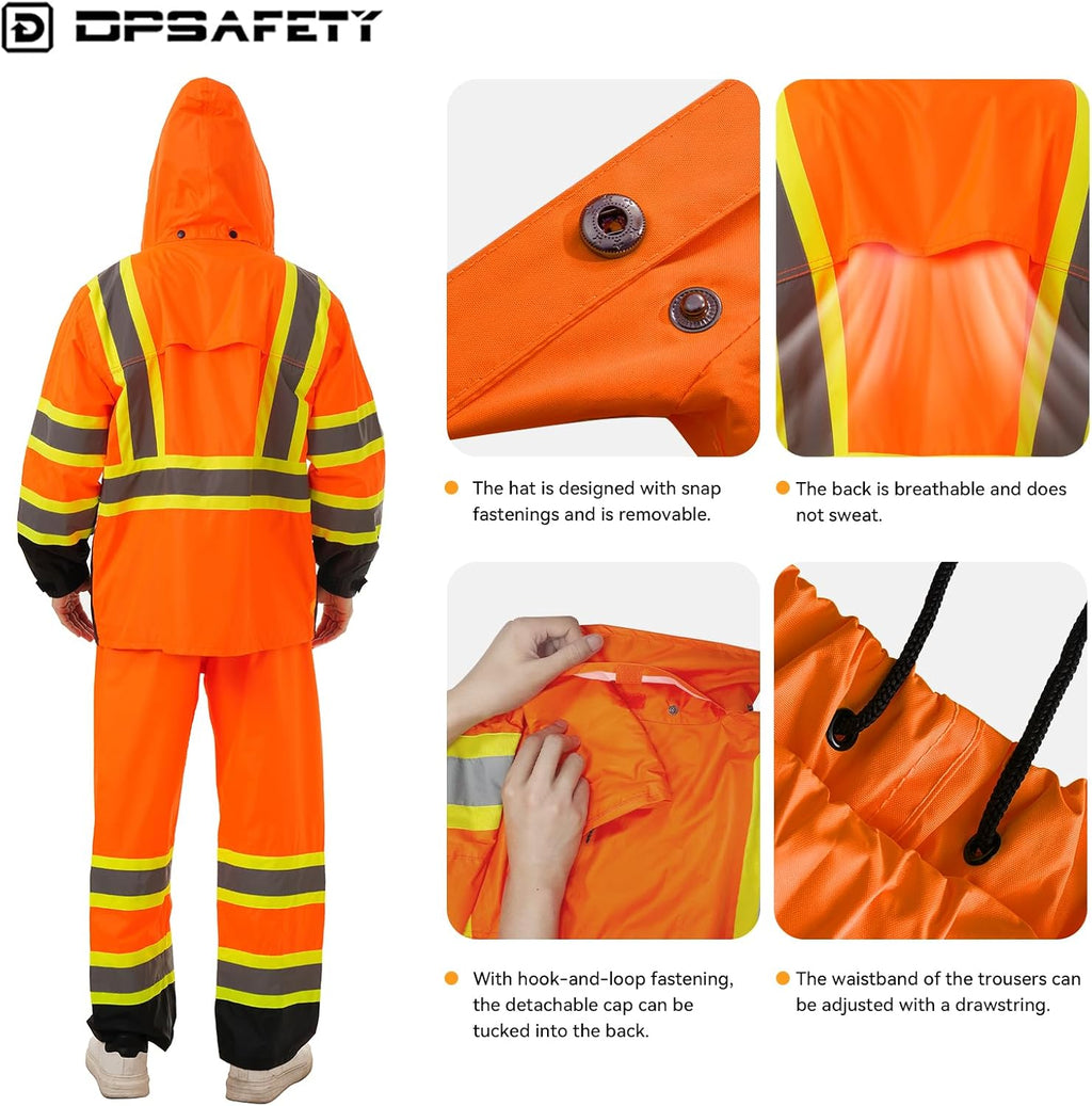 Hi Vis Safety rain Jacket，Reflective Class 3 Rain coat with Inner Mesh Lining and Pockets High Visibility Waterproof work Rain Suits for men&women（Orange,LG/XL）