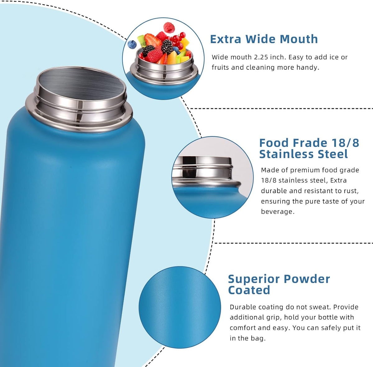 Volhoply 32 oz Water Bottle with Straw Lid & Spout Lid,Insulated Sports Water Bottle,Double Wall Vacuum Stainless Steel Cups,Leakproof Wide Mouth Metal Flask,Keeps Cold or Hot for Travel(Blue,1)