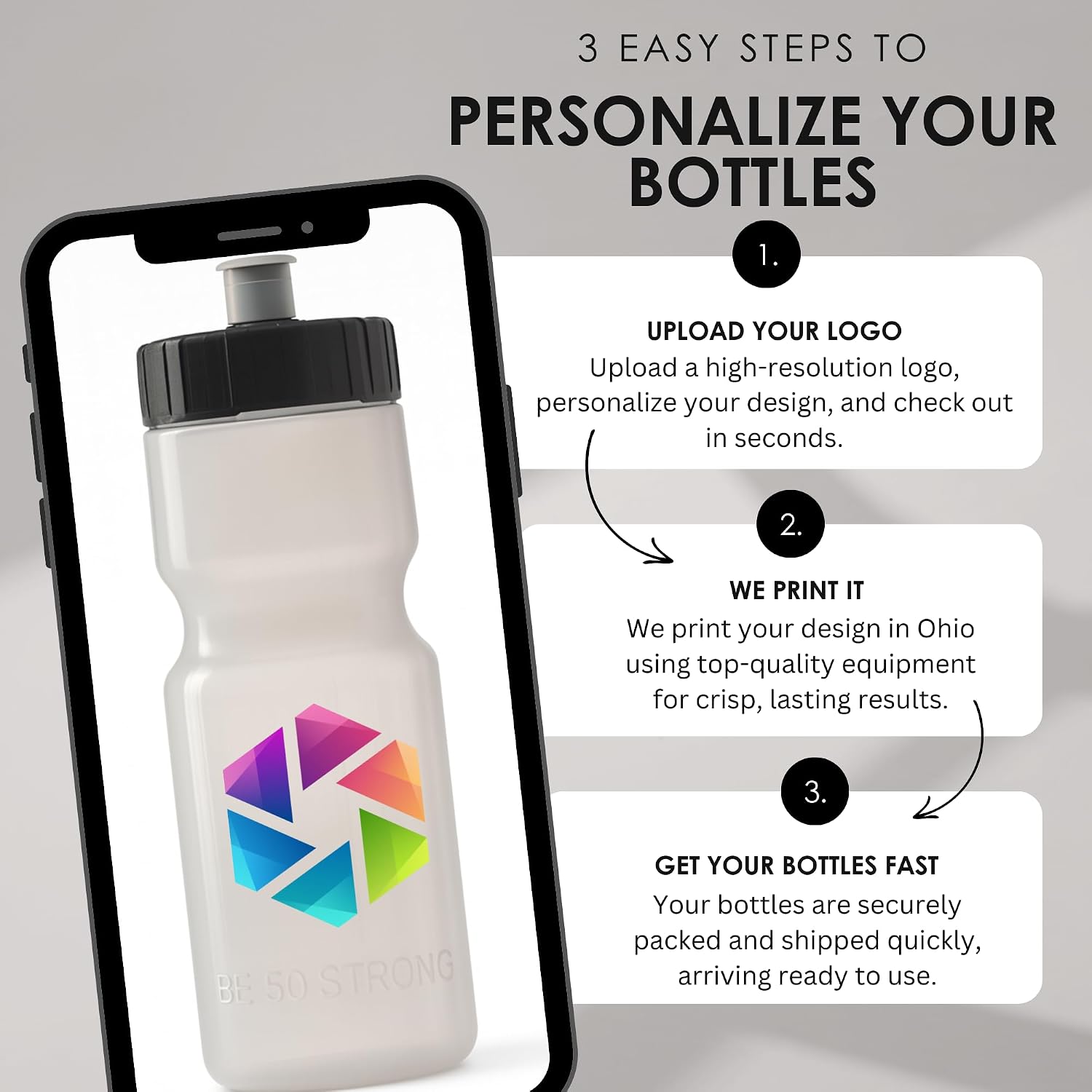 50 Strong | Custom Water Bottles, 24-Pack, 22 oz, Personalized, Logo Ready