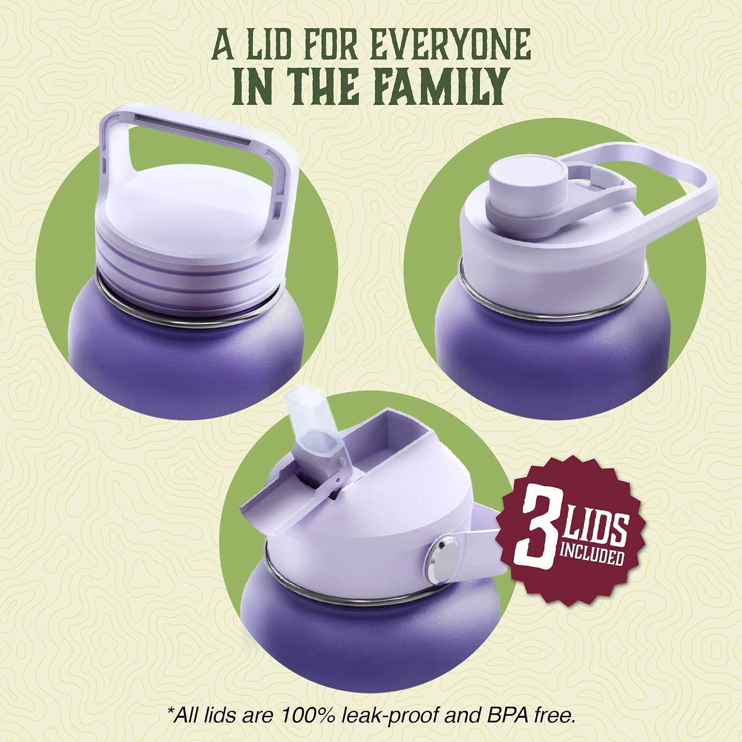 Trekking The National Parks Water Bottle with 63 Waterproof Stickers & 3 Lids (Straw, Spout, & Chug) | 32 Oz Insulated Wide Mouth Stainless Steel Bottle | BPA-Free and Leak-Proof - PURPLE