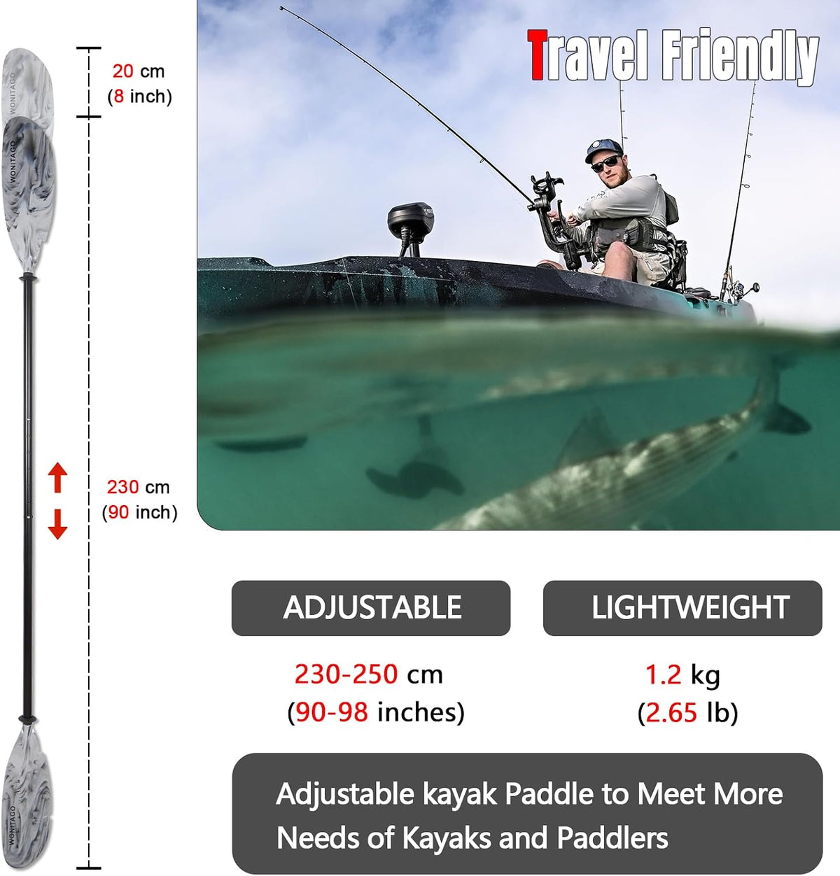 Angler Kayak Paddle Adjustable Fishing Kayak Oar with Paddle Leash