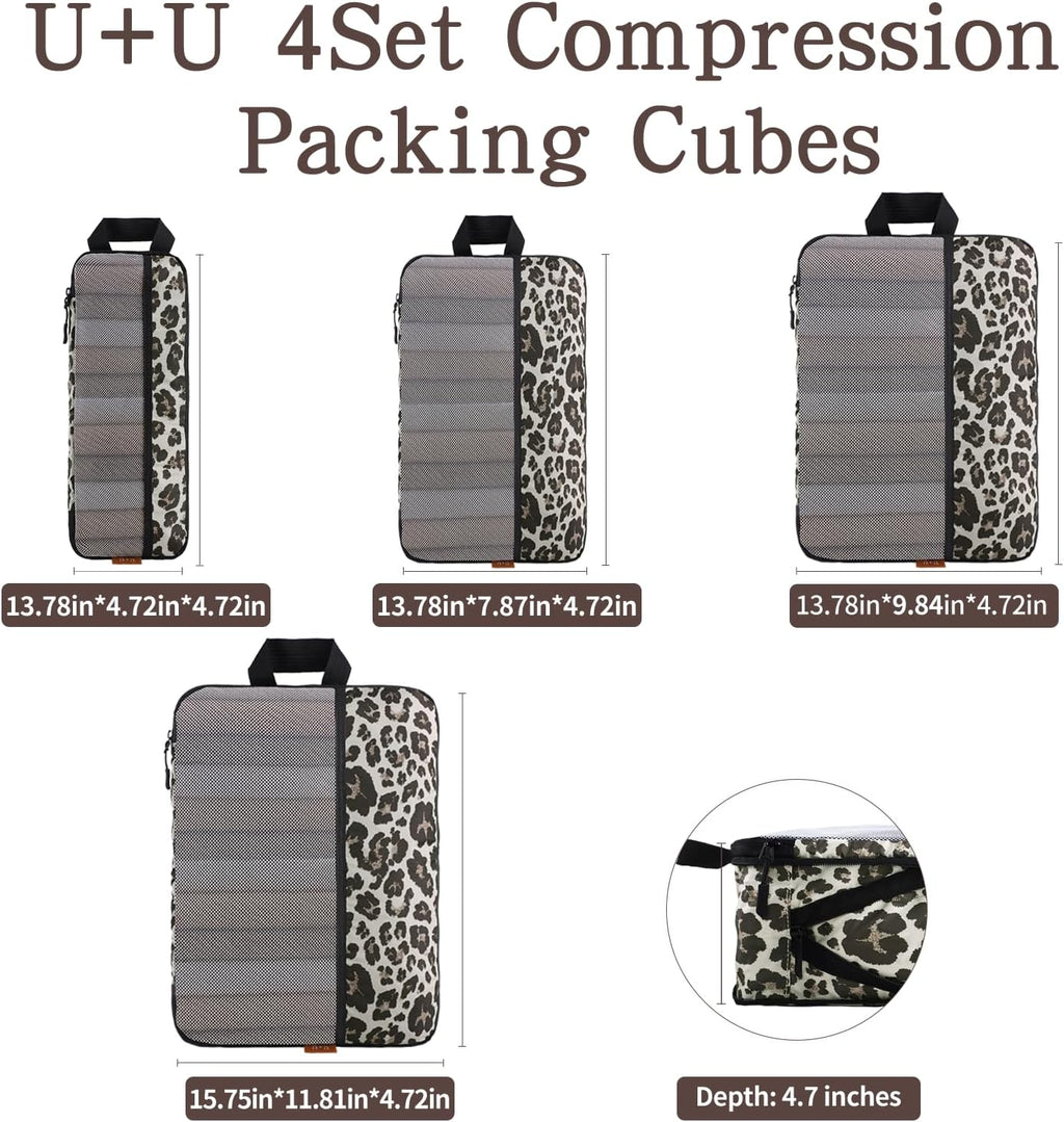 U+U 4 Set Compression Packing Cubes, Travel Organizers (Leopard)