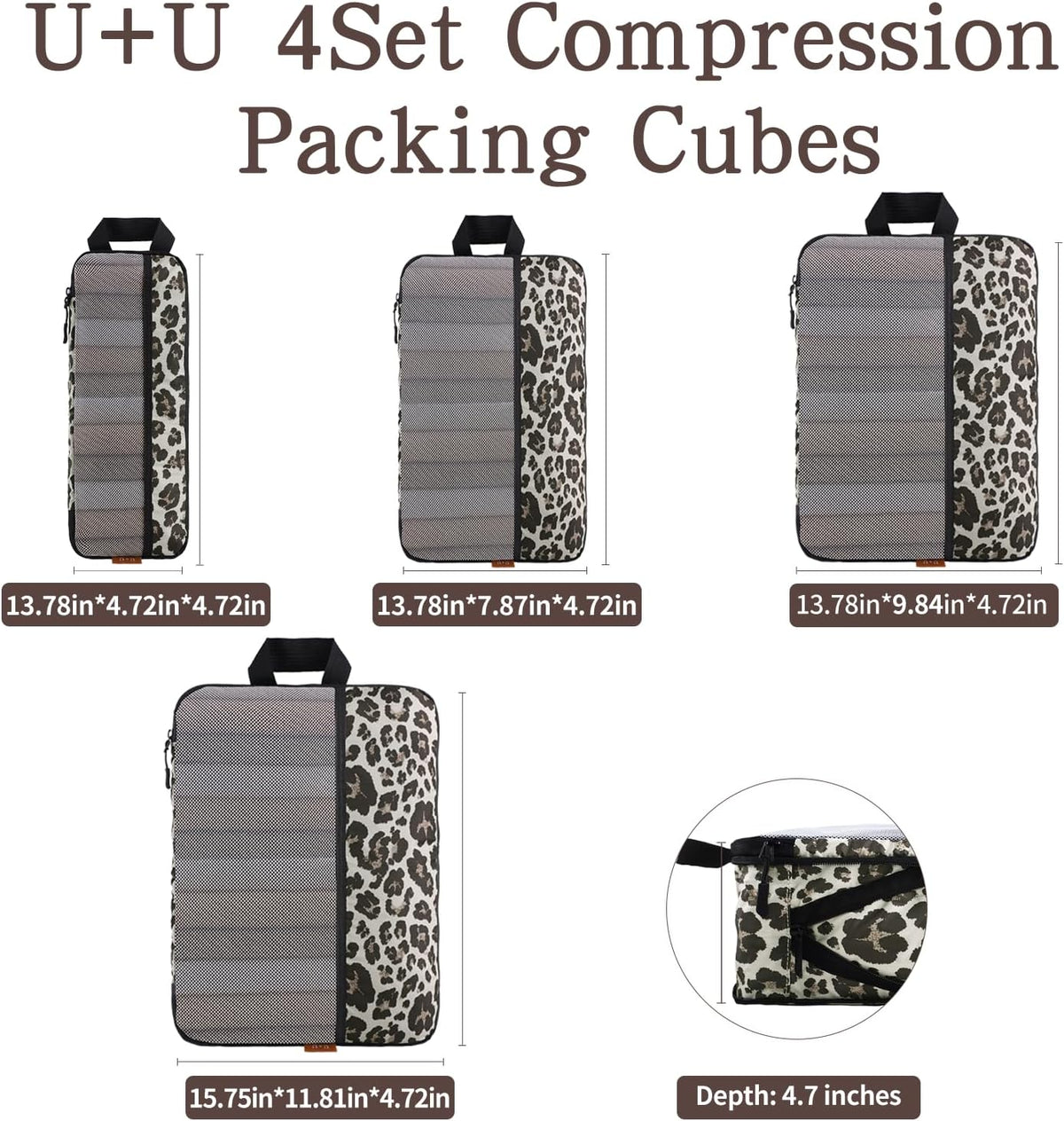 U+U 4 Set Compression Packing Cubes, Travel Organizers (Leopard)