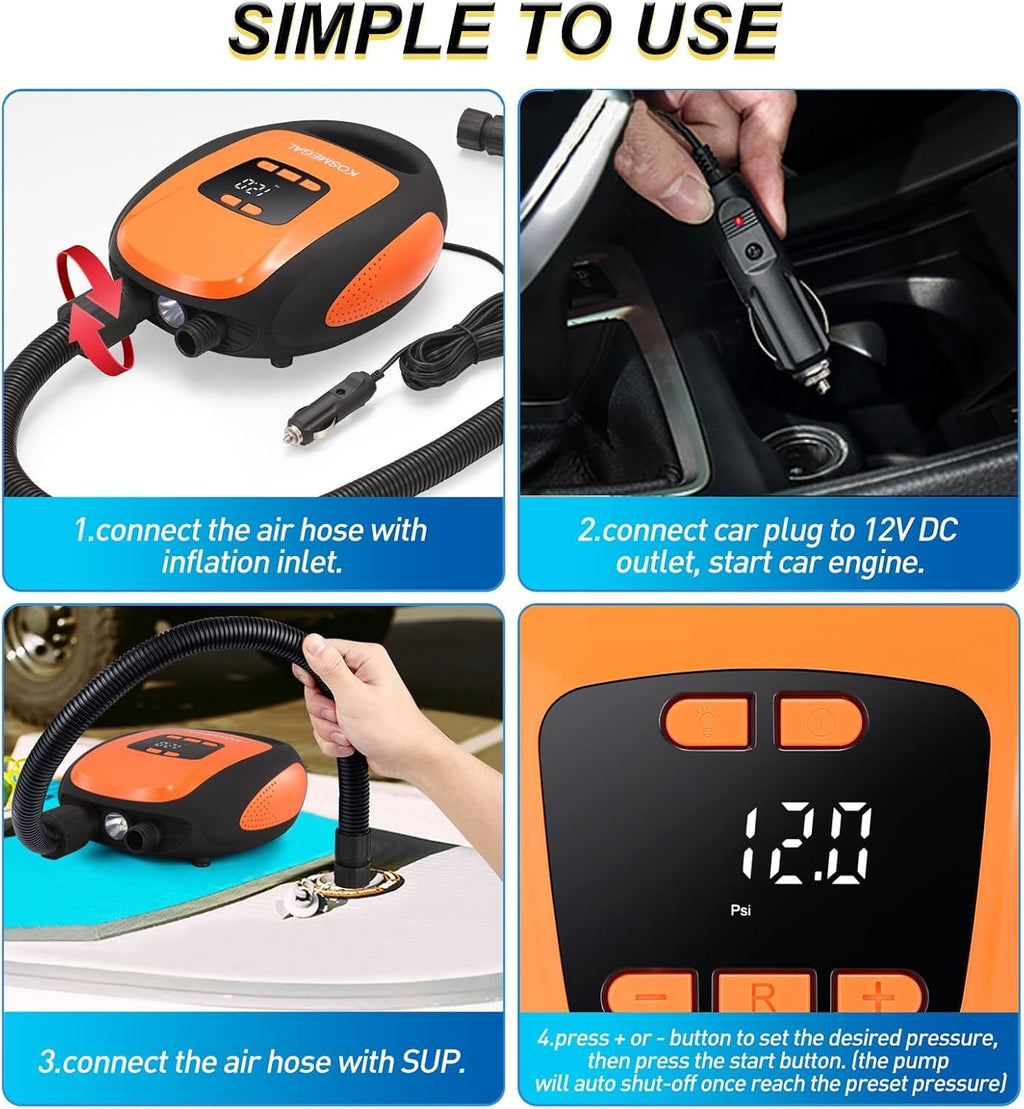 Paddle Board Pump Electric Portable, KOSMEGAL SUP Pump for Paddleboard, Professional 20PSI Air Compressor with Auto-Off, Deflation Function and 12V DC Car Connector for Inflatables, Kayaks and Boats
