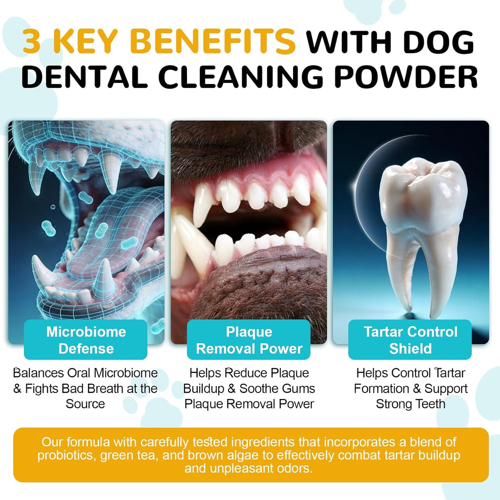 Dental Powder for Dogs, Dog Teeth Cleaning Powder, Teeth Cleaning and Breath Fresher & Plaque and Tartar Remover with Enzyme, Probiotics. PlaqueOff Pet Tooth Cleaning 120 Grams