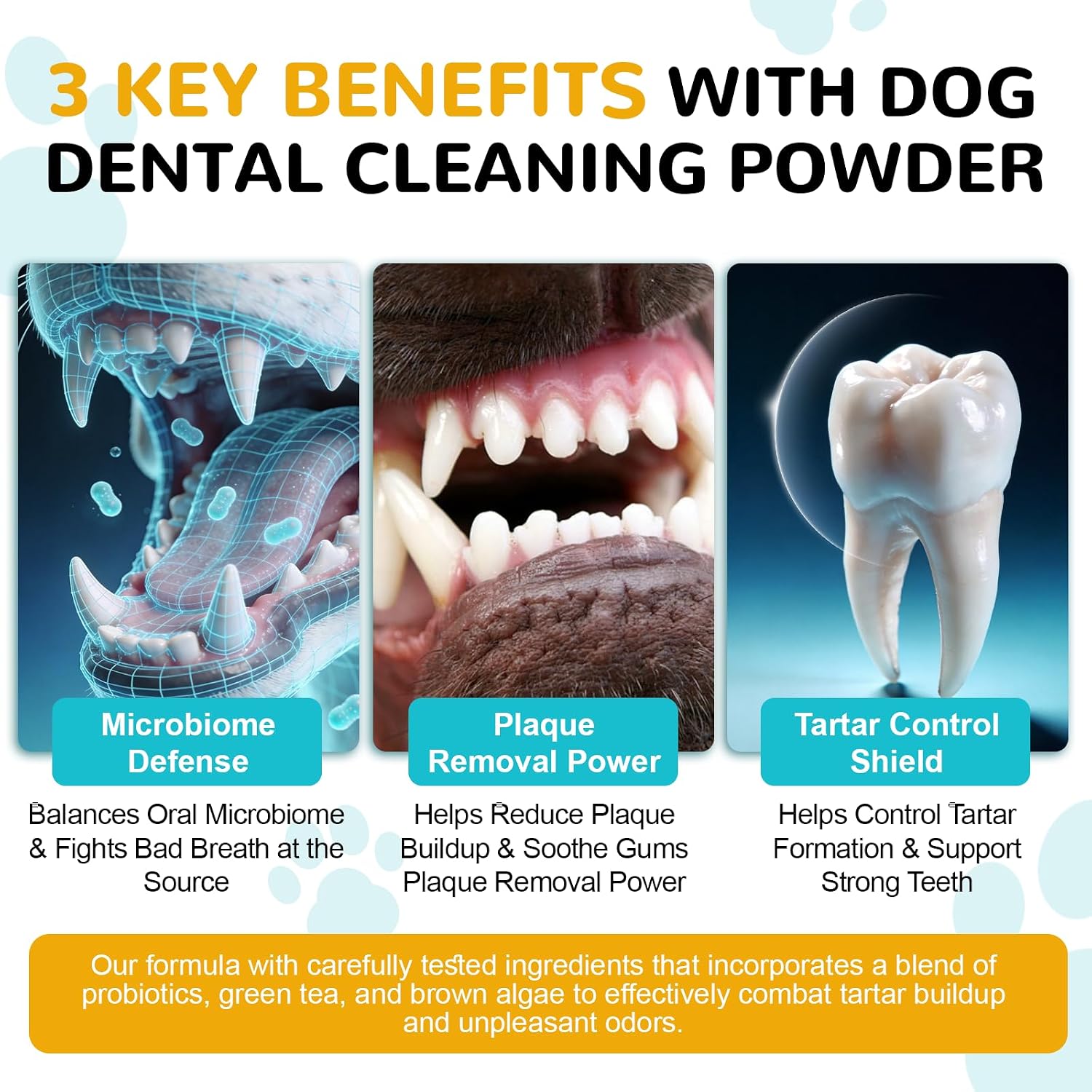 Dental Powder for Dogs, Dog Teeth Cleaning Powder, Teeth Cleaning and Breath Fresher & Plaque and Tartar Remover with Enzyme, Probiotics. PlaqueOff Pet Tooth Cleaning 120 Grams