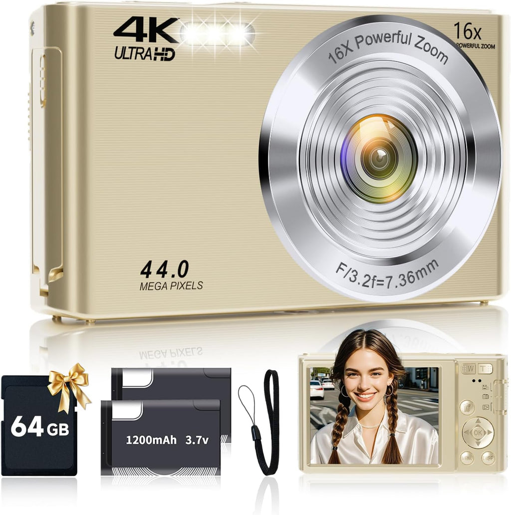 SMARTKLIK Digital Camera for Teens, FHD 4K 44MP with 64GB SD Card, 16X Digital Zoom, Compact Point Shoot Camera Blue