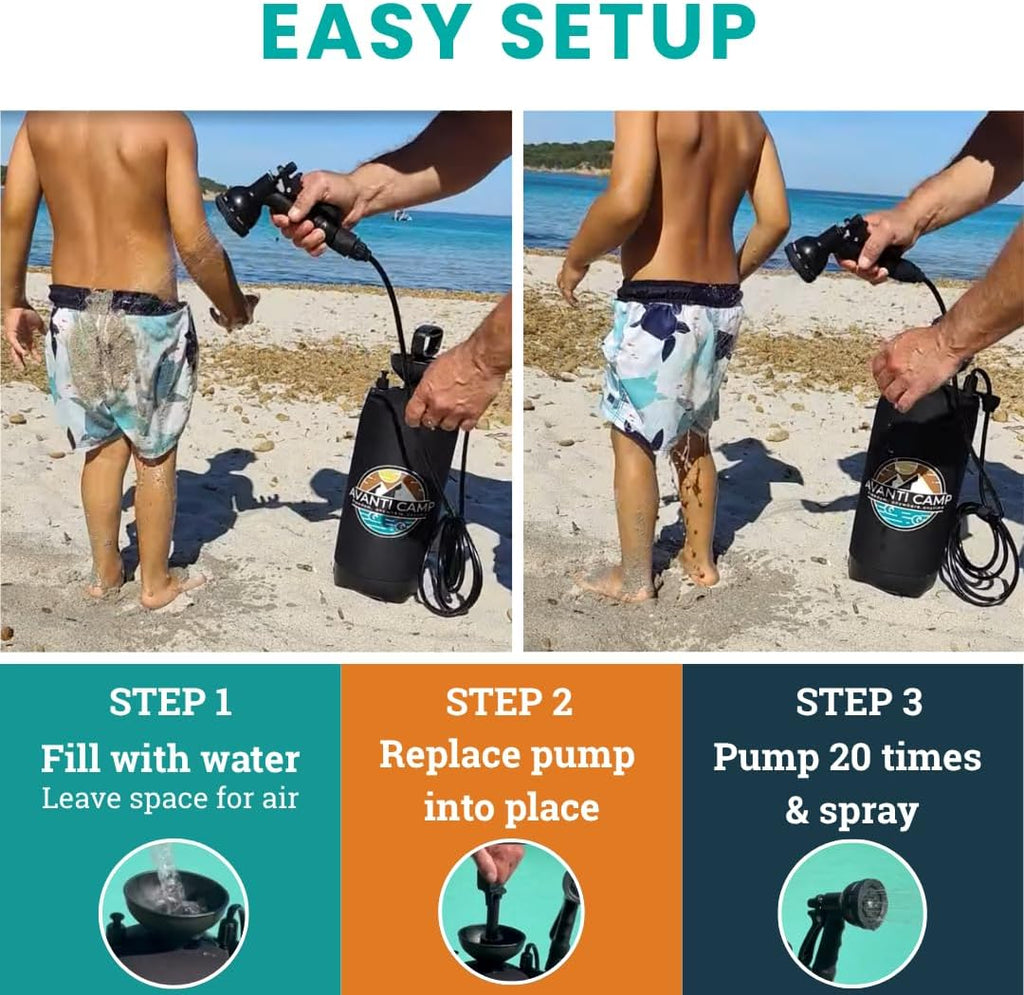 2.1 Gallon Pressurized Portable Camping Shower | 10-Mode Spray Head | Premium Neoprene Insulated Sleeve & Padded Shoulder Strap | Rinse Kit for Surf, Sand, RV, Road Trips & Pets | Black