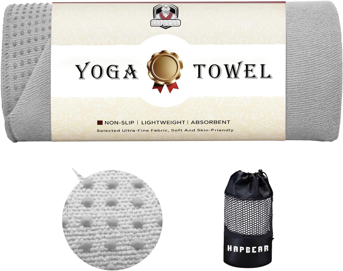 HAPBEAR Non Slip Yoga Mat Towel with Grip Dots, 72" x 24" Hot Yoga Towel - Super Absorbent Microfiber Yoga Towel for Hot Yoga, Bikram, Pilates and Gym Workout - Grey