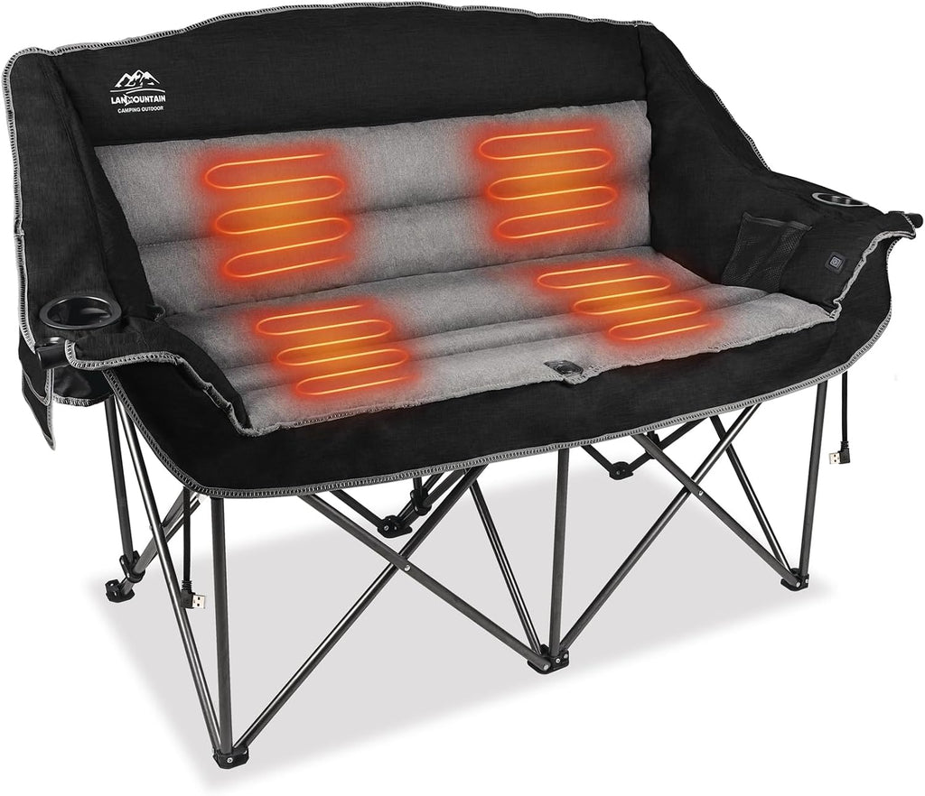 Heated Double Camping Chairs,3 Heat Levels Padded Portable Loveseat w/Wine Glass Holder,Cup Holder,Heating Outdoor Camp Couch Support 600 Lbs,Black,Battery NOT Included