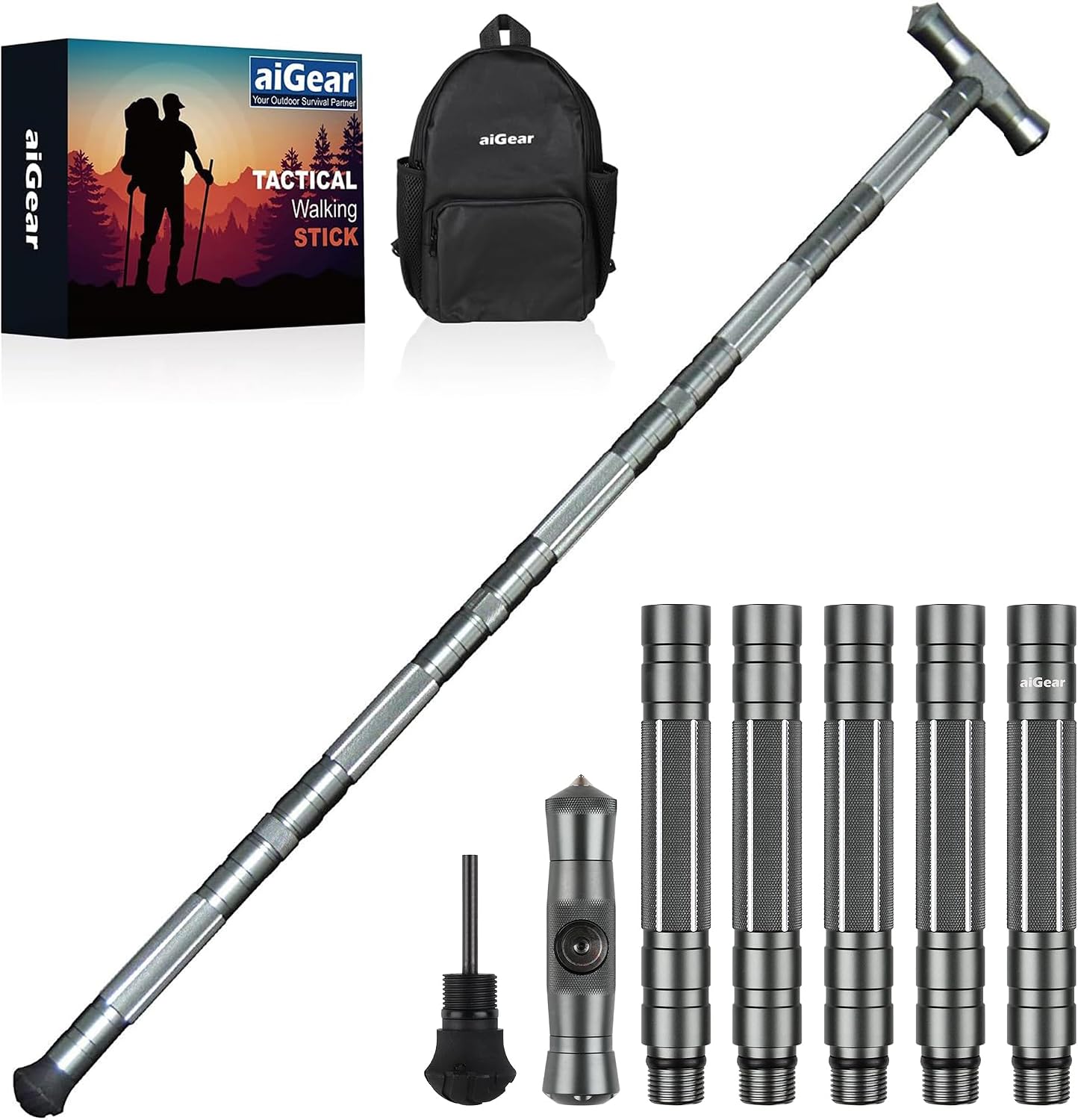 aiGear G2 Tactical Hiking Stick with Survival Kit, 5-Section Staff