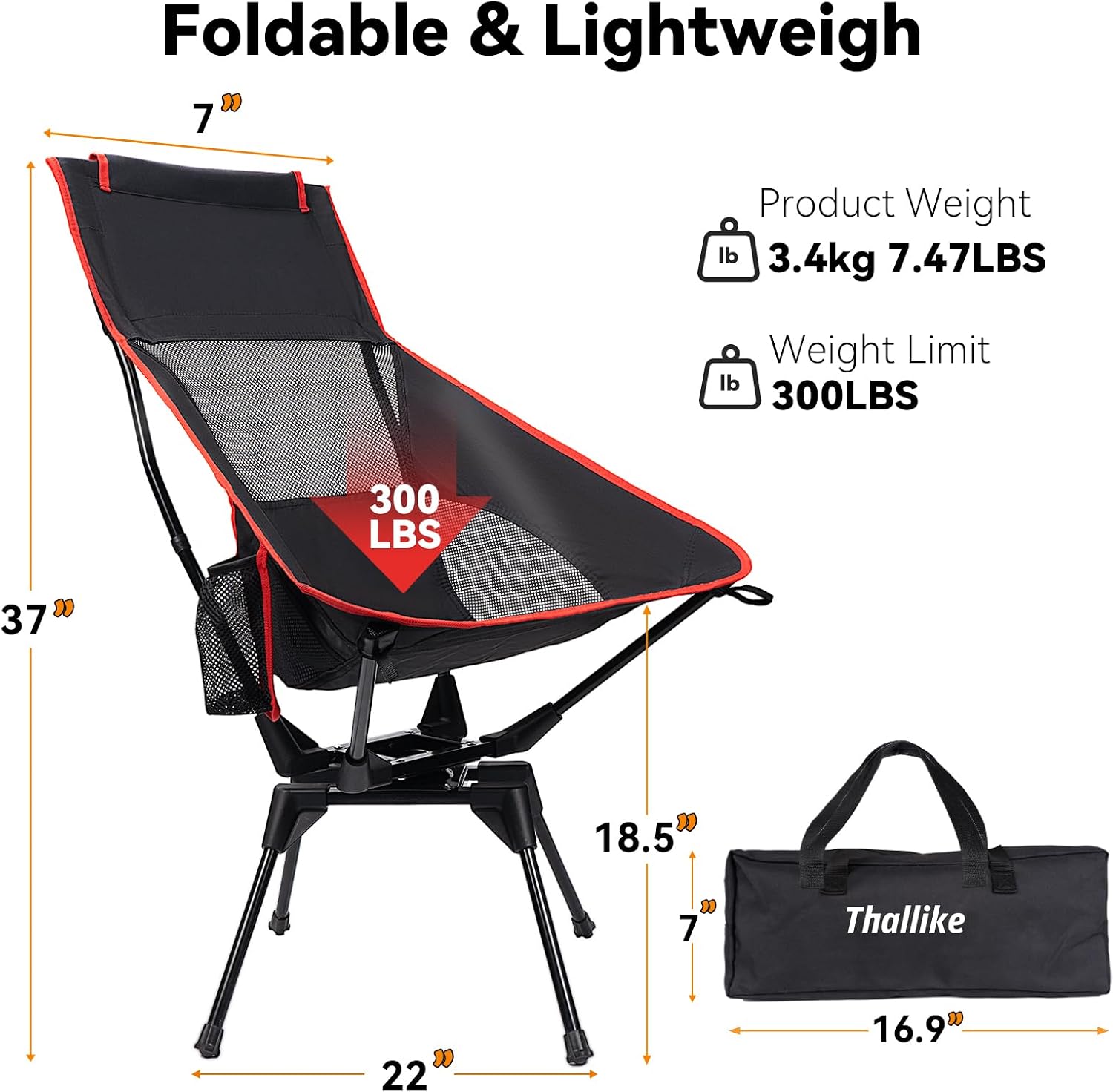 Upgraded 360° Swivel Folding Camping Chair, Lightweight High Back Portable Chairs with Head Support, Compact & Stable for Outdoor Camp, Travel, Beach, Picnic, Festival, Fishing, Hiking, Backpacking
