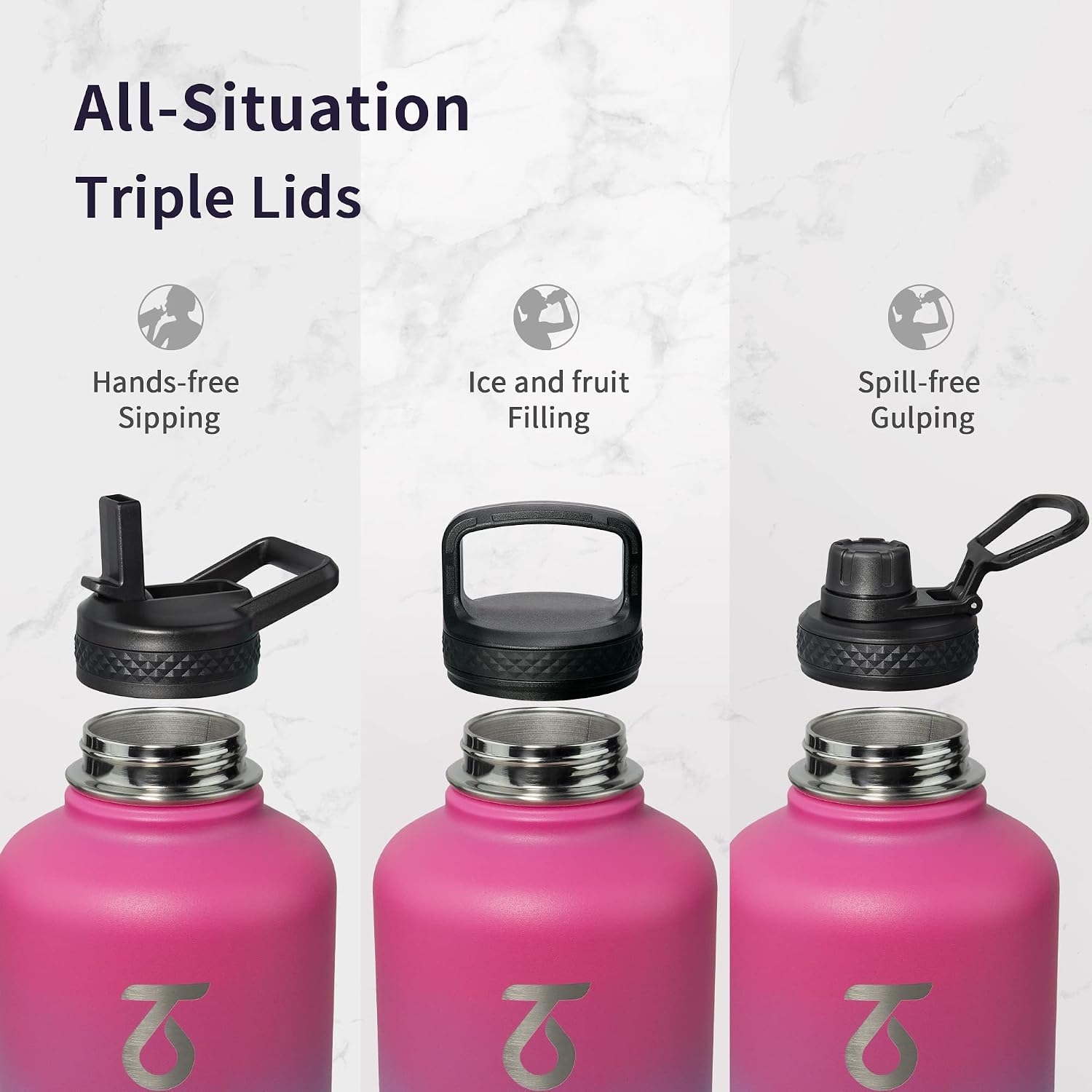 Trebo 64 oz Water Bottle Stainless Steel with 3 Lids, Paracord Handle & Bag