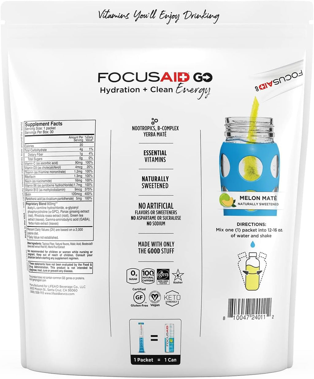 LIFEAID FOCUSAID GO Nootropics Energy Powder, Zero Sugar 100mg (30 Packets)